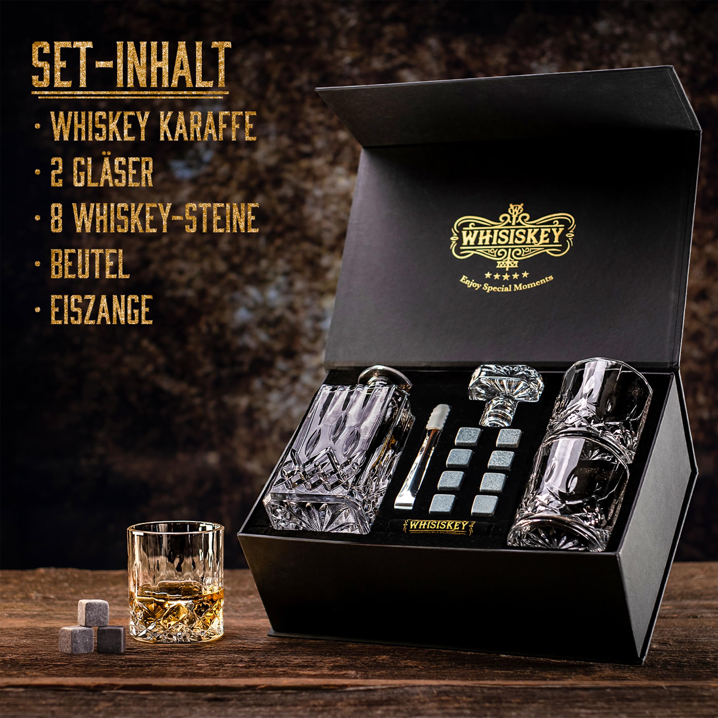 Whisiskey Whisky Karaffe Set - Whiskey Geschenkset - Geschenke für Männer - Männergeschenke Geschenk - Geburtstagsgeschenk Mann - Klassische Dekanter 700ML, 2 Gläser, 8 Whisky Steine