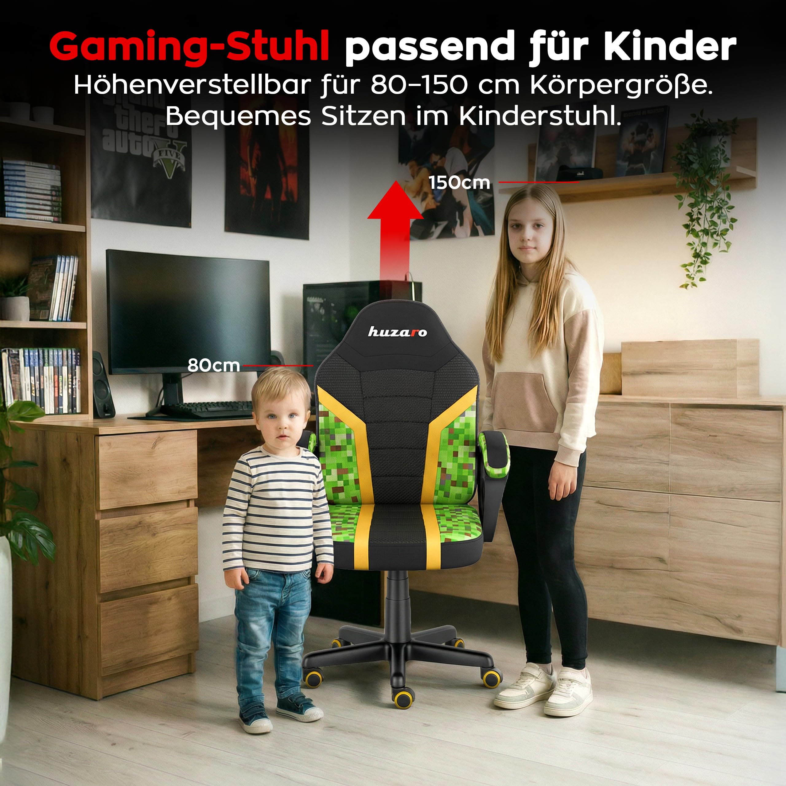 huzaro Ranger 1.0 - PC Stuhl Gaming Zocker Stuhl – Kinderschreibtischstuhl & Gaming Stuhl Kinder - Schreibtisch Höhenverstellbar Kinder, Schreibtischstuhl Jugendliche Jungen - Pixel