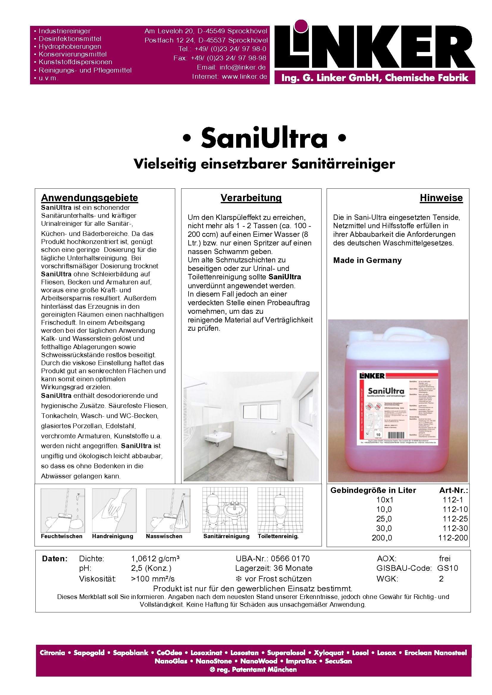 SaniUltra Sanitär Bad Reiniger VE 10,1 Liter Kanister | Reiniger | Hygiene | Reinigungsmittel | Pflegemittel | Pflege | Reinigungschemie |