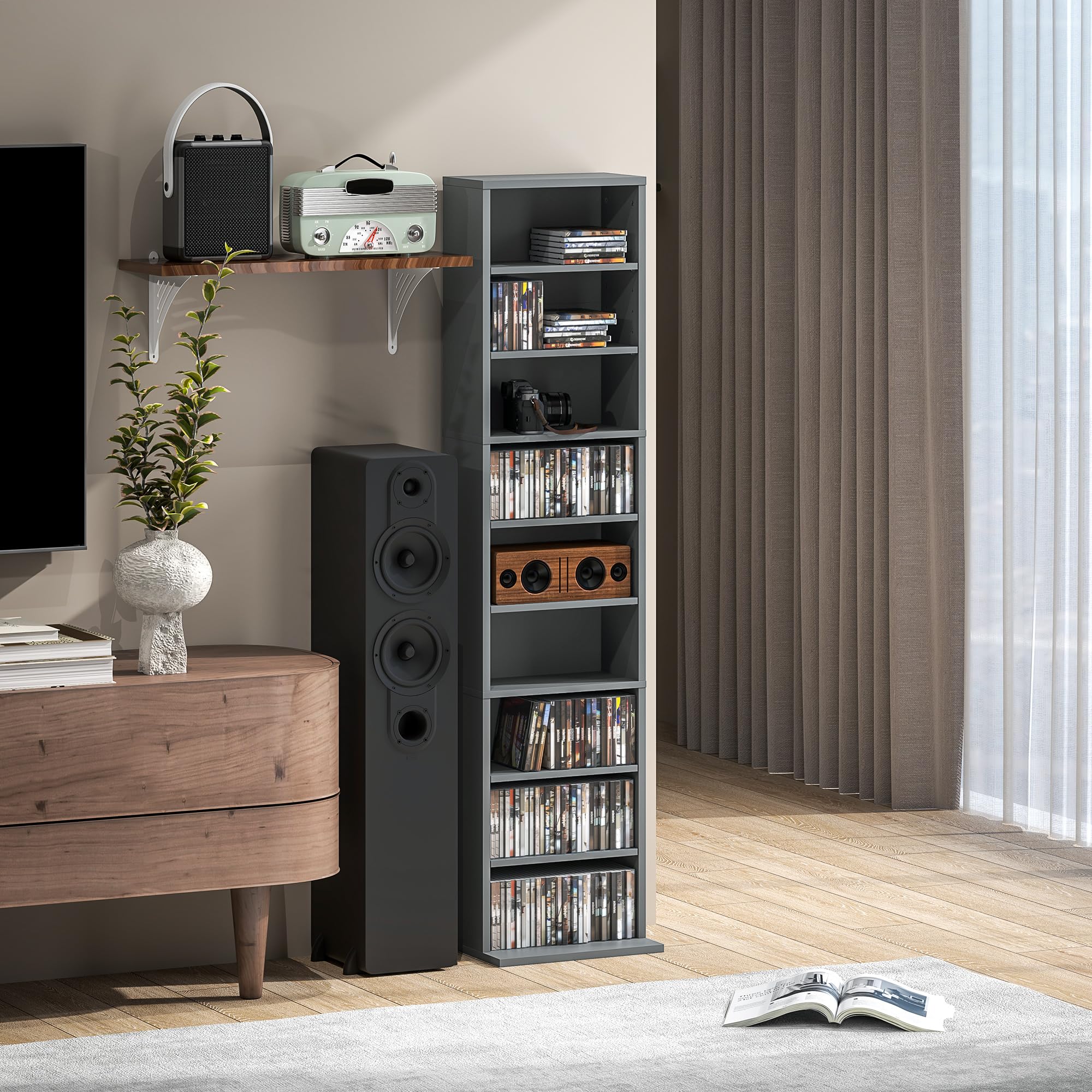 HOMCOM Portaoggetti per CD e DVD, con capacità max. 260 CD / 120 DVD, 9 scomparti e 6 ripiani regolabili, per soggiorno, camera da letto, ufficio, 33 x 24 x 140 cm, grigio