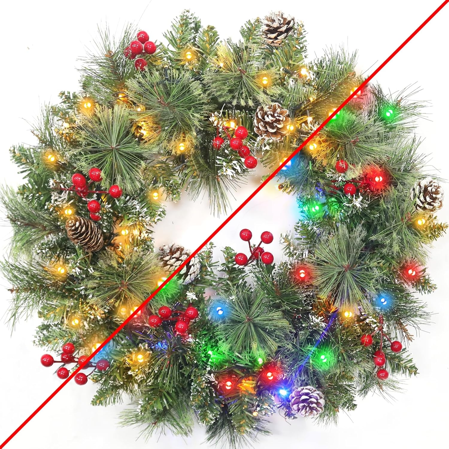 Christmas Wreaths for Front Door, 20 Inch Lighted Christmas Wreaths with Timer 8 Modes 30 Warm White&Multicolored Dual Color Lights 8 Snowy Pinecones 40 Red Berries for Indoor Outdoor Wall Home Decor