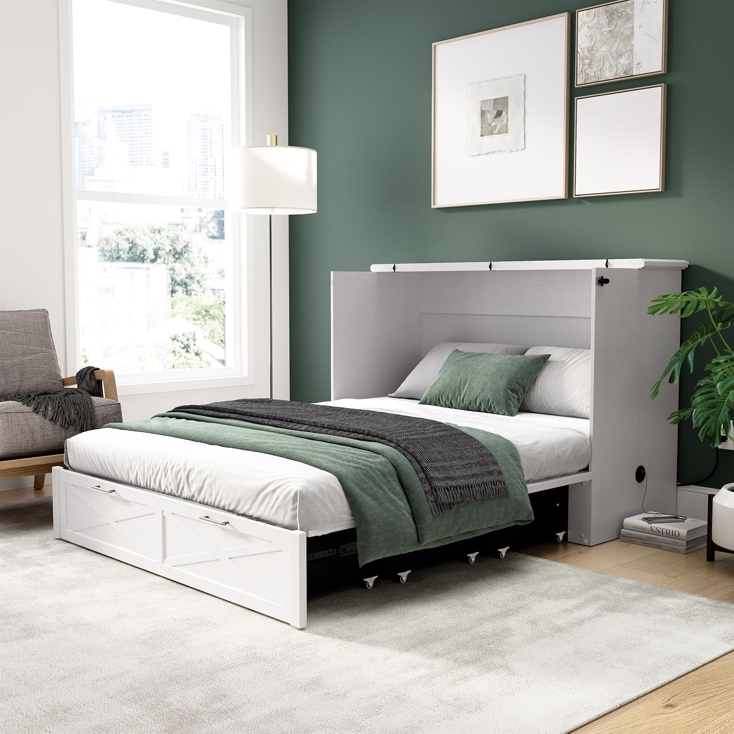 Bestar Murphy Cabinet Bed 59-inch Full with Pullout Drawer for Bedroom, Guestroom, Key West Collection, Modern, White