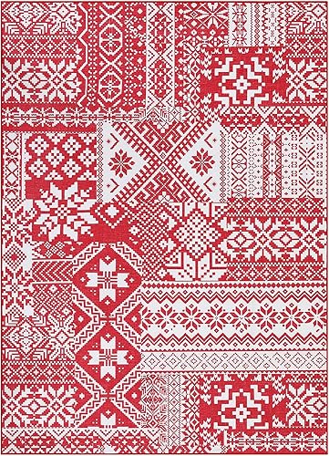 Miniatura 2 de Alfombra roja de estilo bohemio con copos de nieve, antideslizante, para interiores, lavable, decorativa, para sala de estar, dormitorio, guardería,