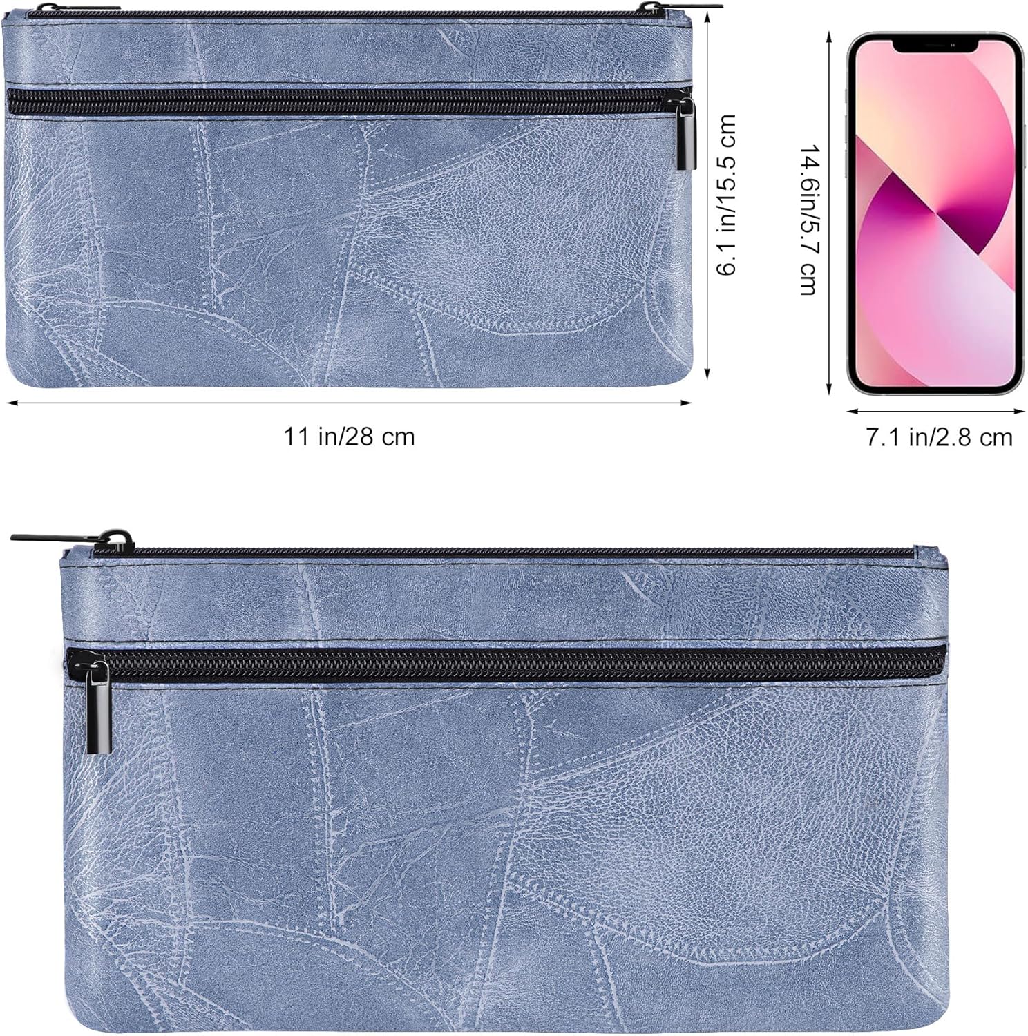 HAUTOCO 2 Pcs Money Bag with Zipper 11 x 6.1 inch Embossed Deposit Money Pouch with Lined PU Leather Bank Bag Two Pockets Utility Wallet for Cash Check Receipt Coins Cosmetics, Pale Blue - Image 2