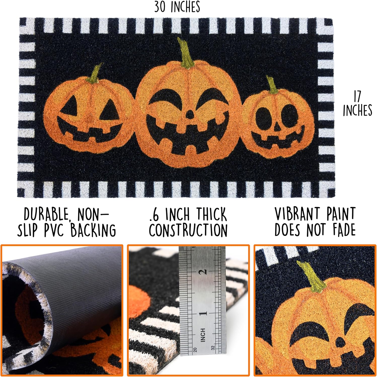 MAINEVENT Halloween Pumpkin Outdoor Mat 30x17 Inch, Jack-O-Lantern Halloween Rug for Covered Outdoor Area, Coir Doormat Outside Pumpkin Welcome Mat Fall Doormat