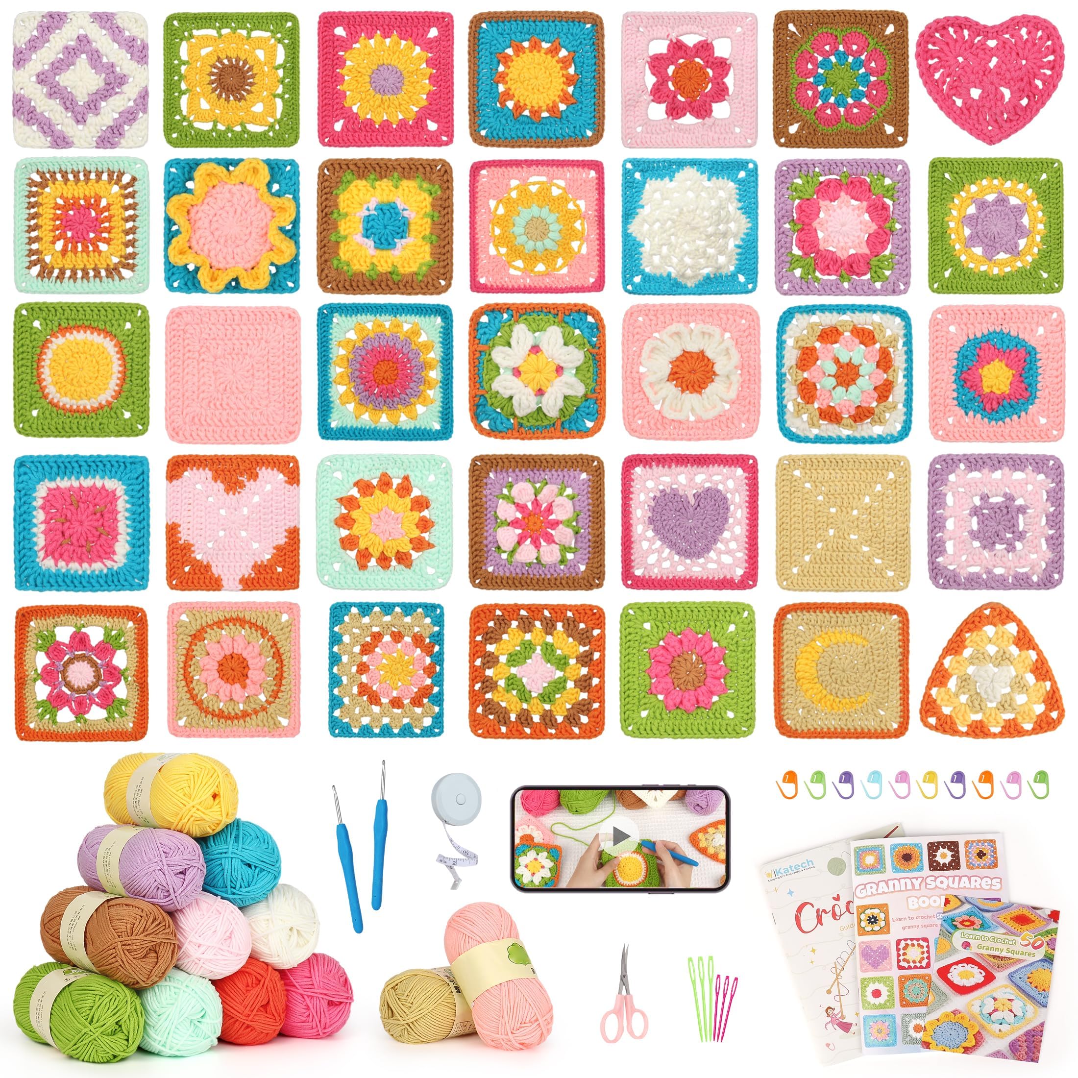 Crochet Kit for Beginners-Crochet Kit for Adults with Step-by-Step Video Tutorials, 50 Mix & Match Pattern Granny Square Kit Crochet Starter Kit for Crocheter Learn to Crochet -Upgraded Yarn