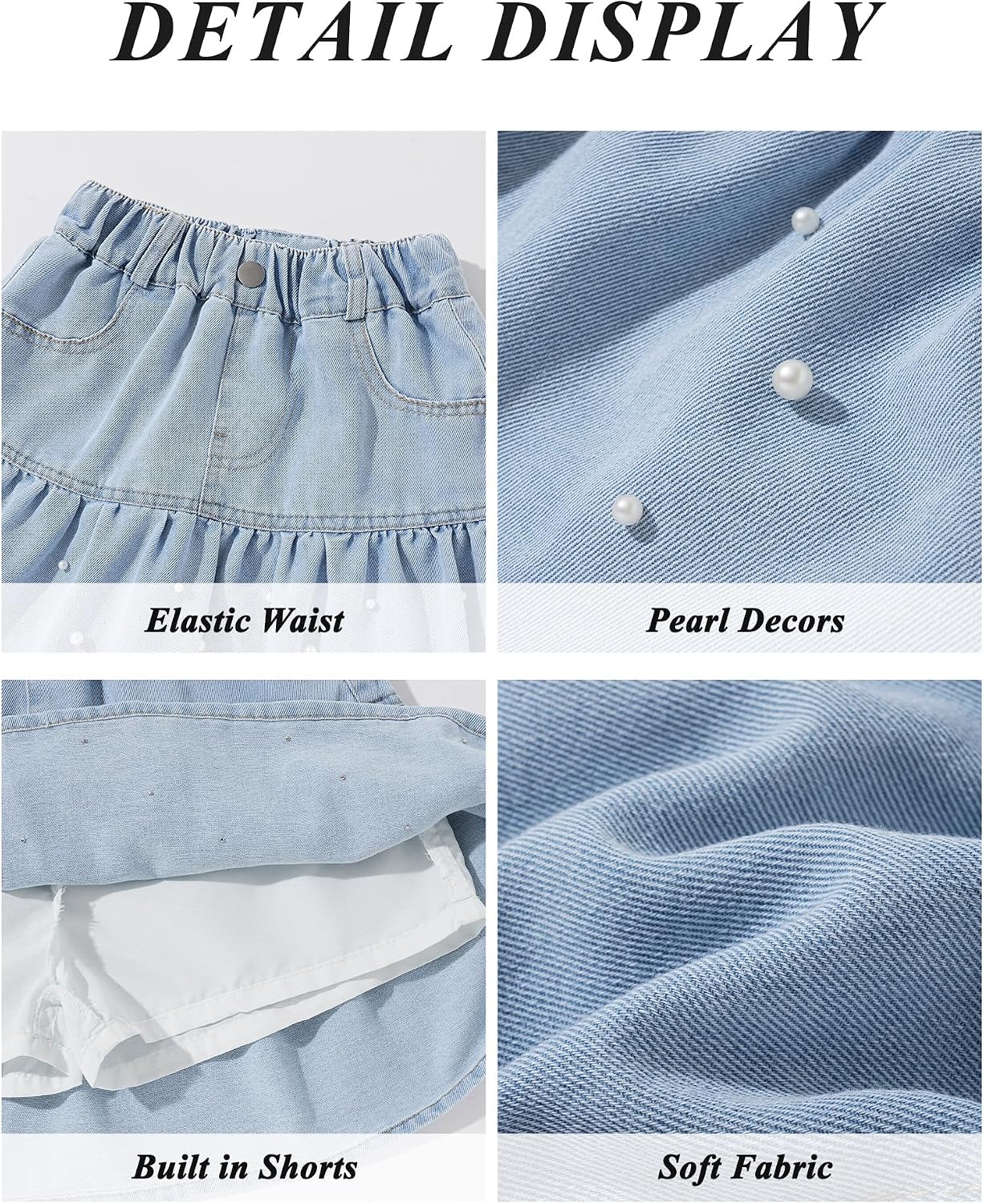 Happy Cherry Girl's Denim Skirts Built-in Shorts Elastic Waist Mini Pleated Jean Skirts with Pockets