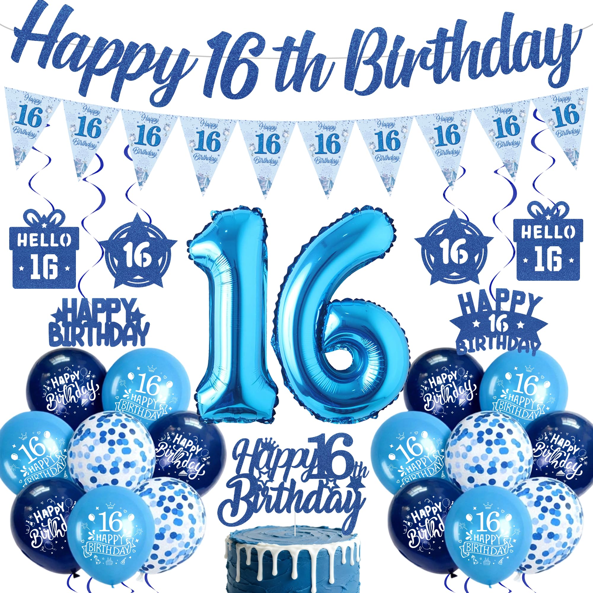16th Birthday Decorations for Boys, Blue 16 Years Old Party Supplies