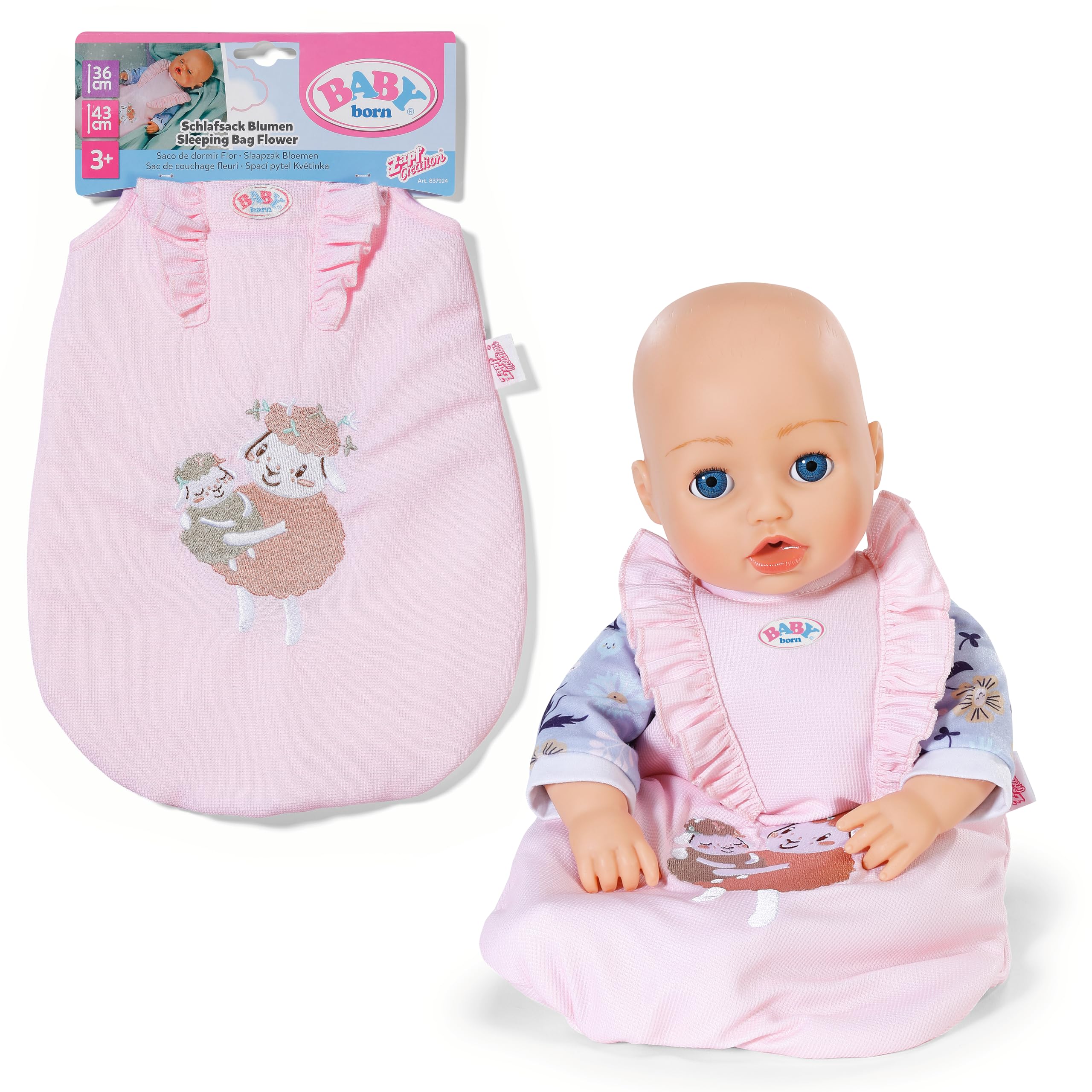 Baby Born Saco de dormir – Saco rosa para muñecas con volantes & cierre de velcro – Accesorio para muñecas – Adecuado para muñecas de 36 cm & 43 cm