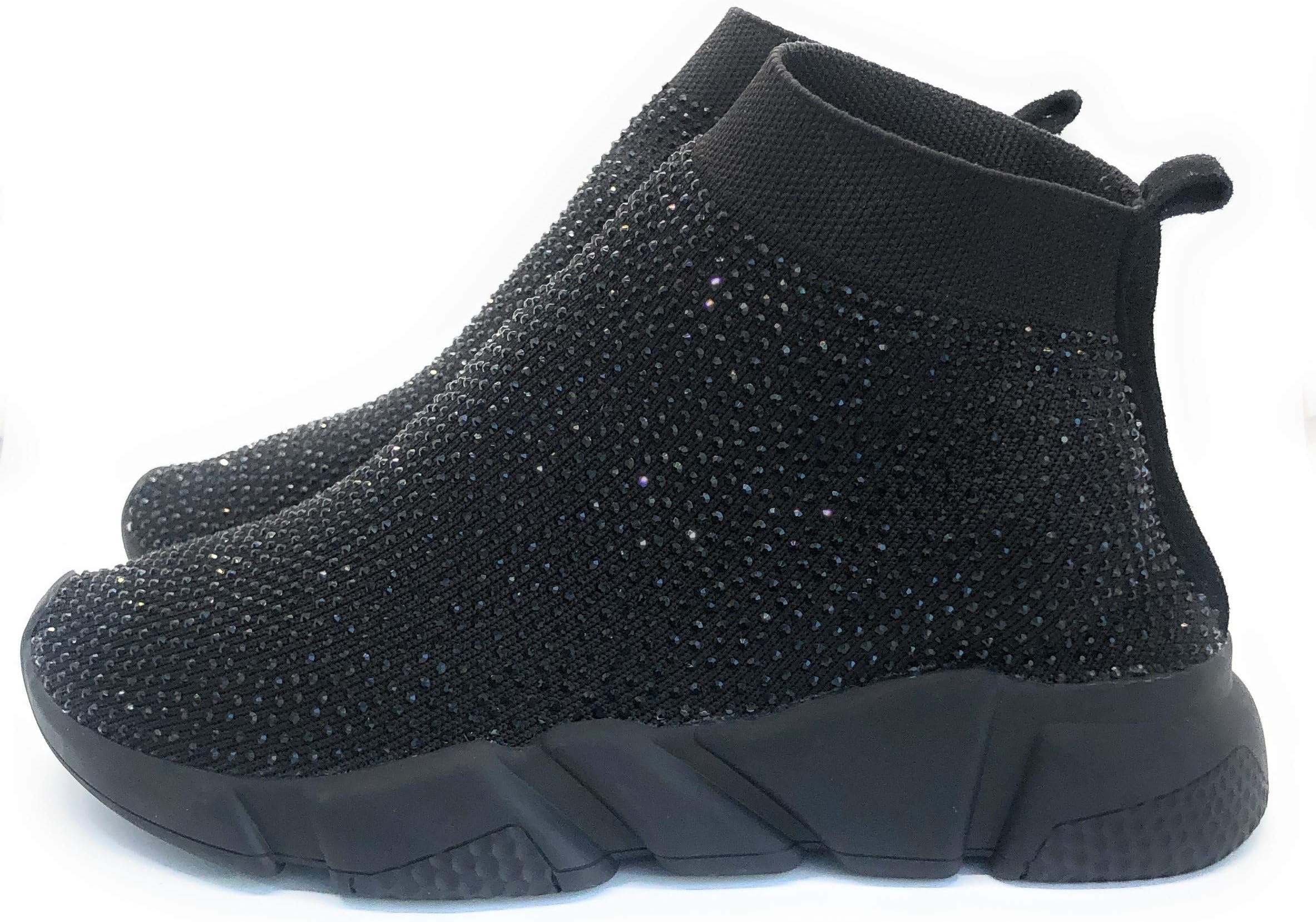 TCF Rhinestone Sock Sneakers Crystal Bling Sparkly Shoes Women's (Black, 8.5, Numeric_8_Point_5)