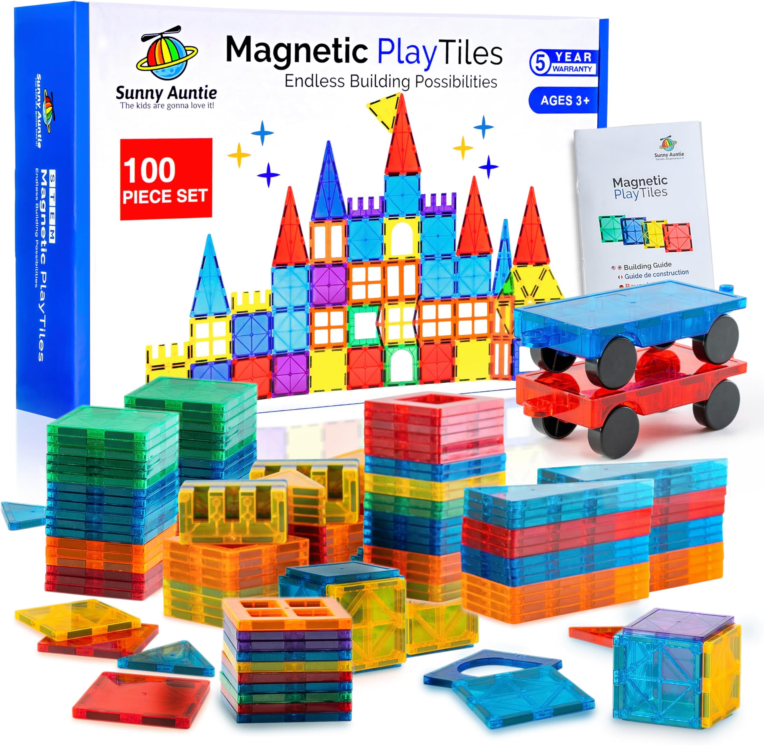 SUNNY AUNTIE Magnetic Tiles 100 PCS with 2 Cars, Magnetic Tiles for Kids & Toddlers, Toy for 3 4 5 6 7 8 Year Old Boys & Girls, Gift Box