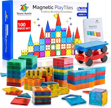 SUNNY AUNTIE Magnetic Tiles 100 PCS with 2 Cars Magnetic Building Tiles STEM Toy for Kids Ages 3-8, Magnet Construction Set for Boys & Girls