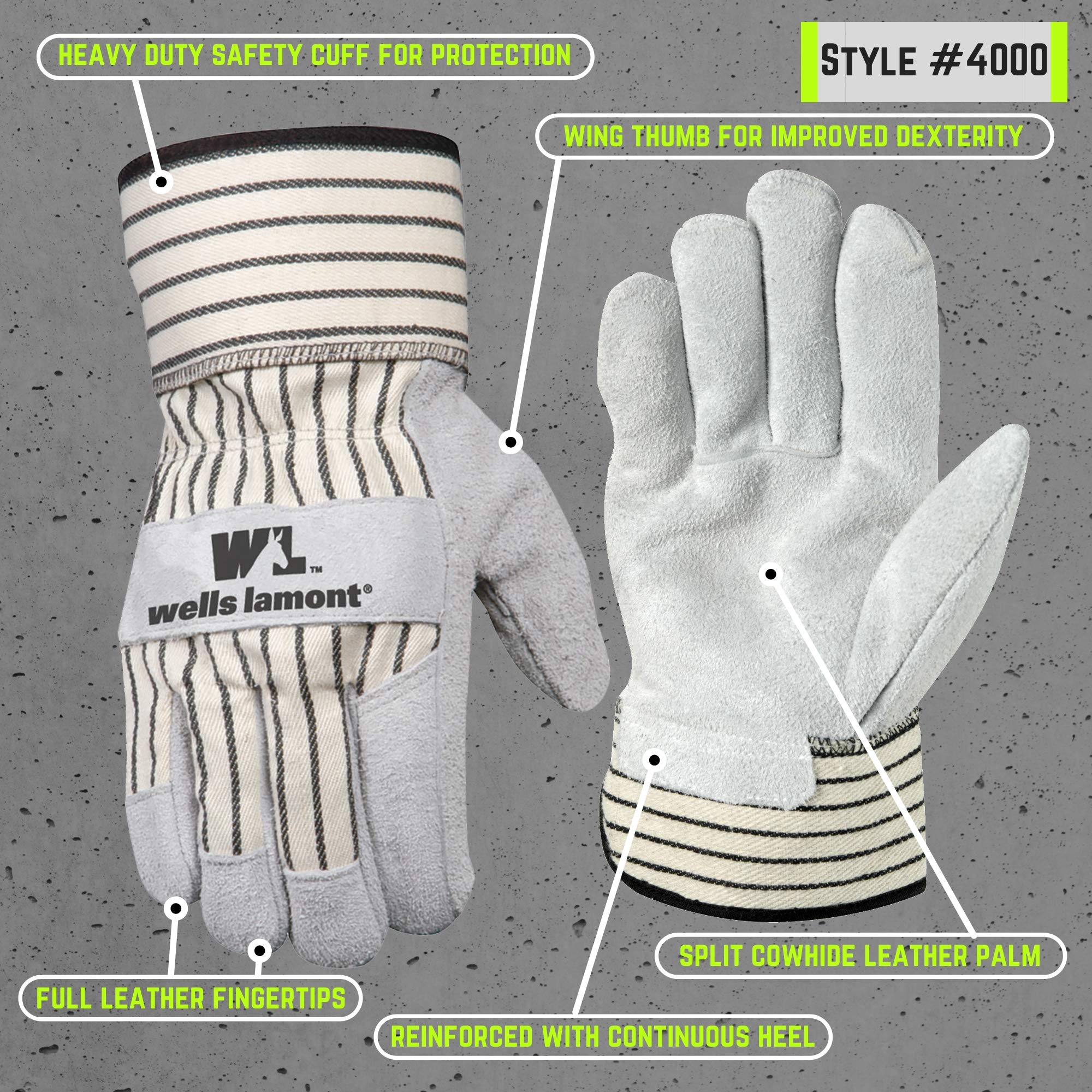 Wells Lamont guantes de trabajo seguridad DE VACA Pearl de ante con puño, ala pulgar, doble Shirred muñeca