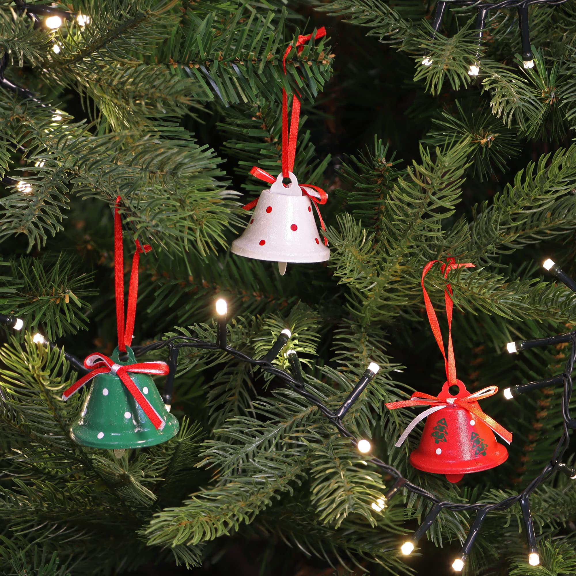 com-four® 6 Colgantes Navidad Metal 4,5 cm Ø Campanas Decorativas Hojalata Rojo Blanco Verde