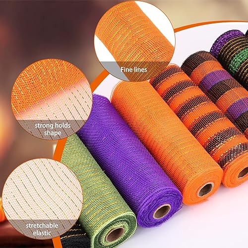 Miniatura 3 de Newwiee 8 rollos de cinta de malla de Halloween para coronas de 10 pulgadas x 30 pies cada rollo de cinta de malla metálica de poliéster para