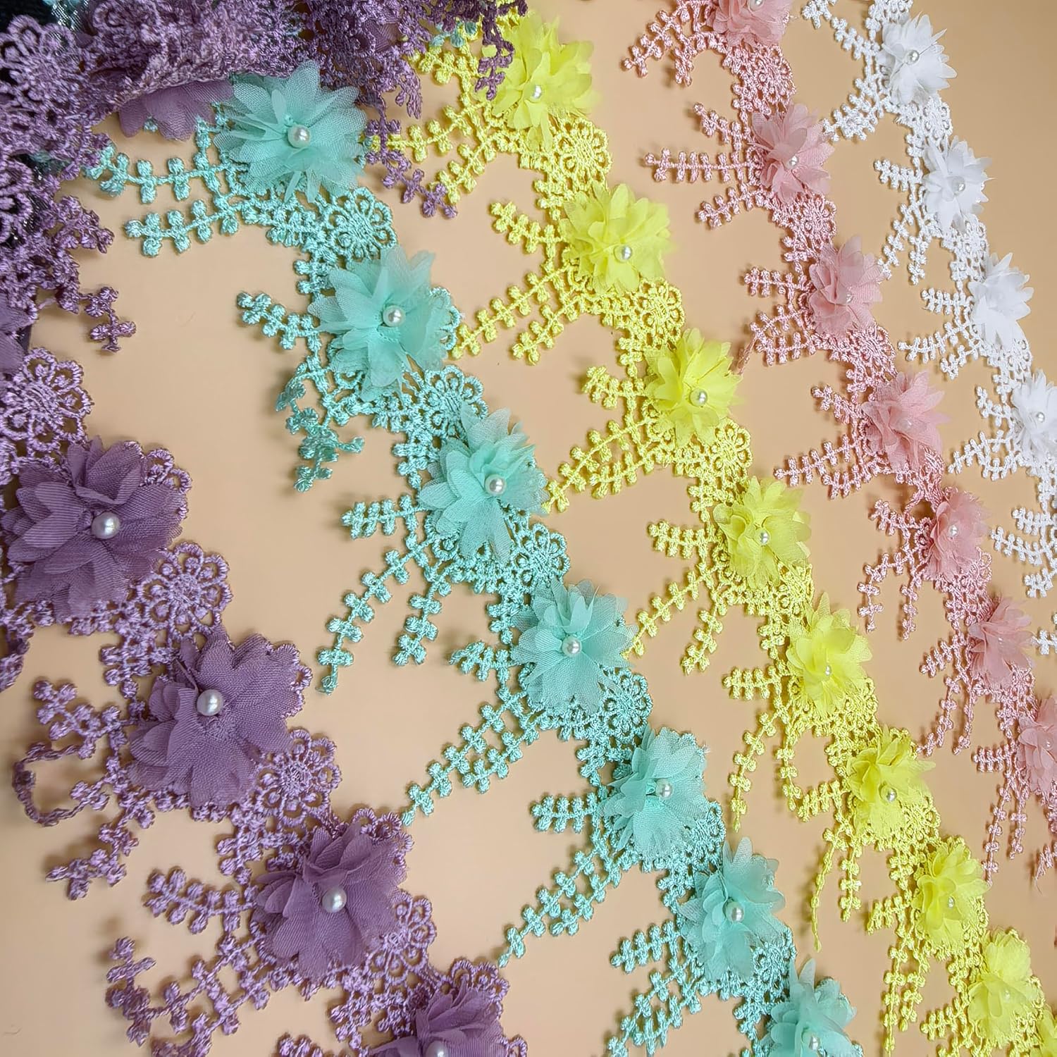 2 Yards Flower Pearl Beads Lace Edge Trim 3-1/2" Width Vintage Style Pearl Applique Flower Trim for Wedding Bridal Dress Clothes Costume Hat Decoration (Pink)