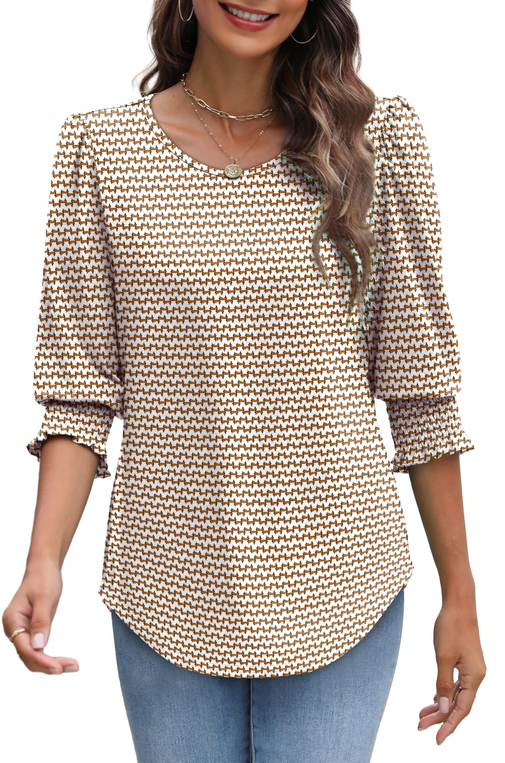 XIEERDUO Blouses for Women Dressy Casual 3/4 Length Sleeve Womens Tops with Smocked Cuffs