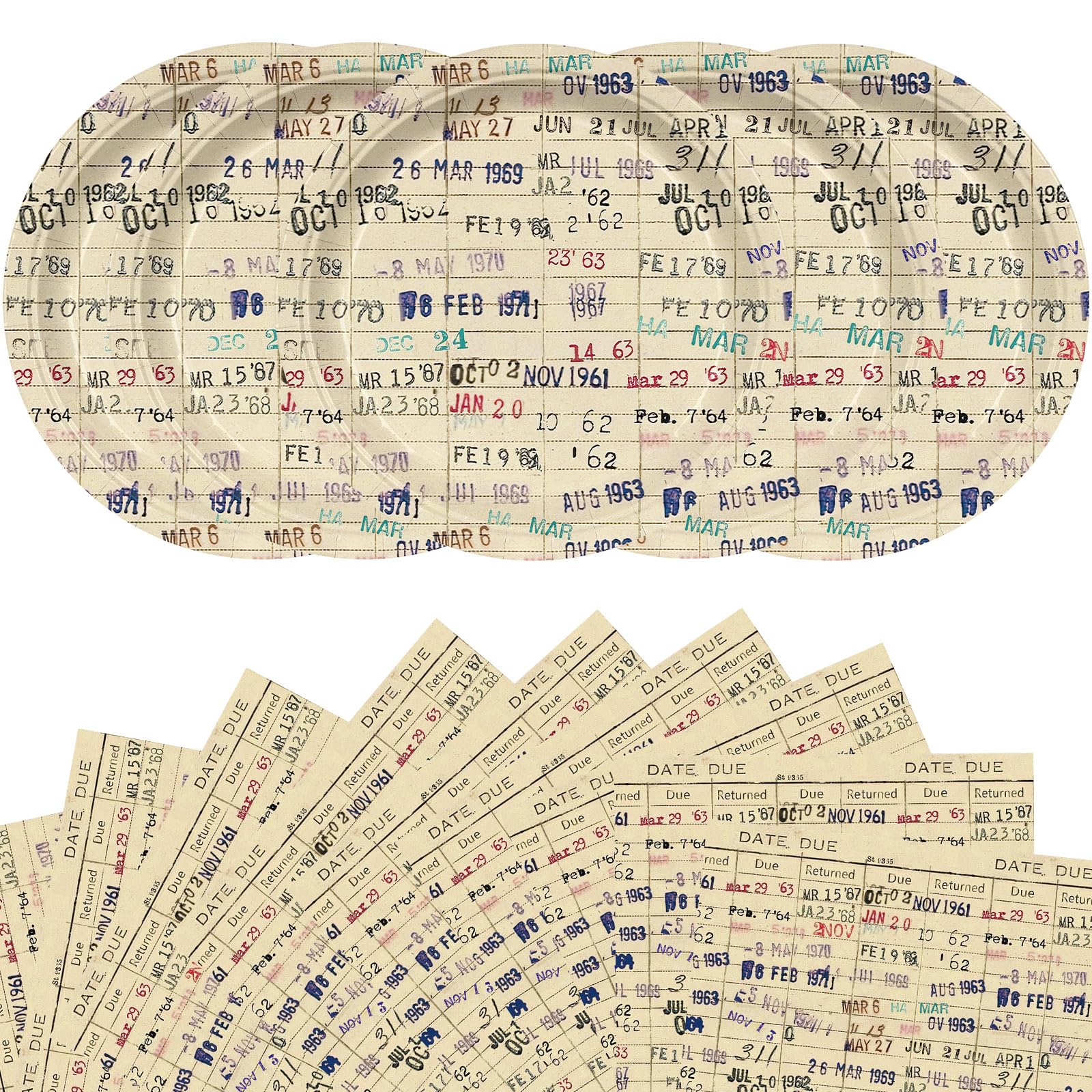 zhouluyao 48 Pcs Due Date Card Book Club Vintage Beverage Napkins and plate Decorations Book Lovers Gifts or Reading Themed Dinnerware Party Supplies