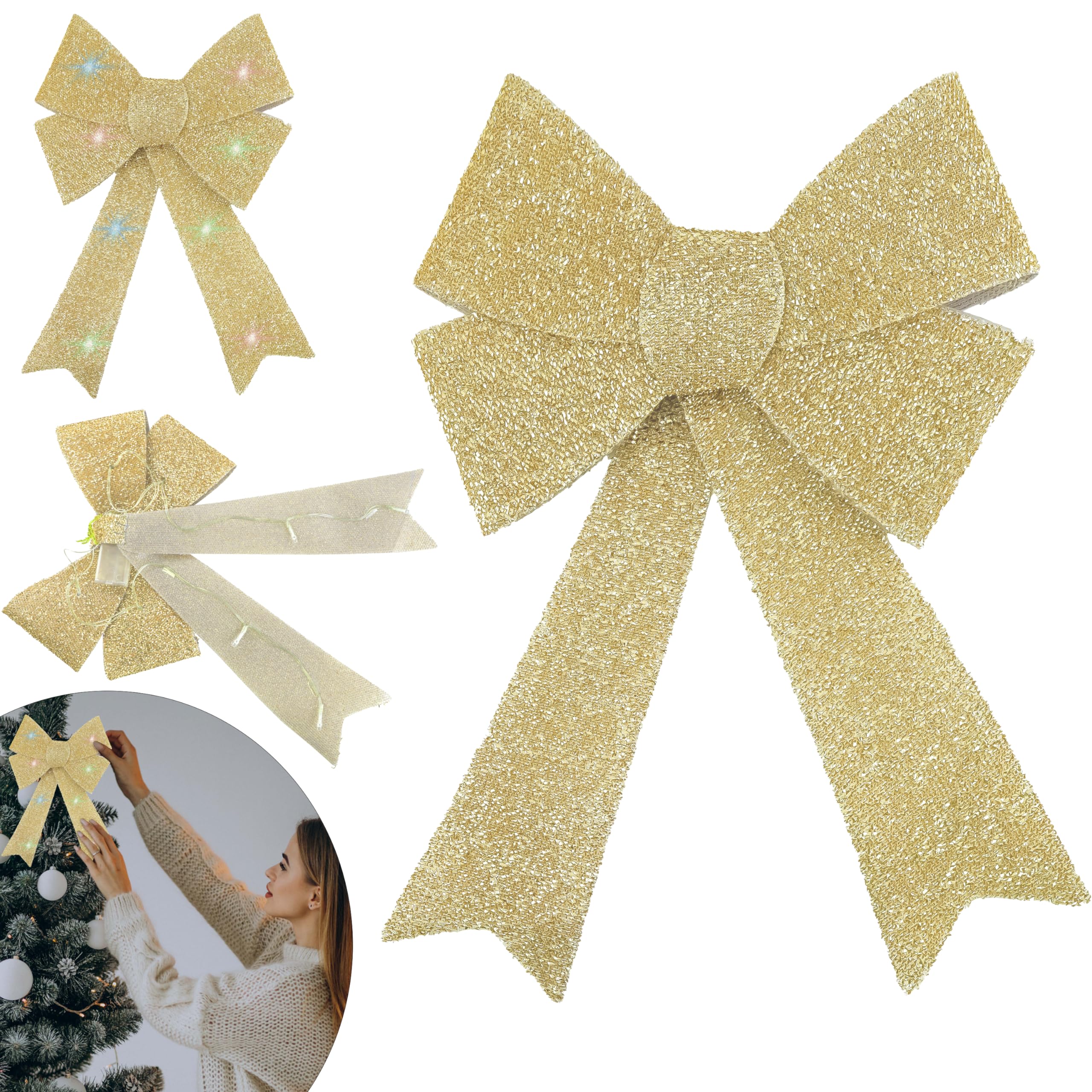 HOVUK 43cm Champagne LED Christmas Bow, Glitter Tinsel Battery-Powered Bow for Xmas Tree, Door, Wreath, Indoor/Outdoor Holiday Décor