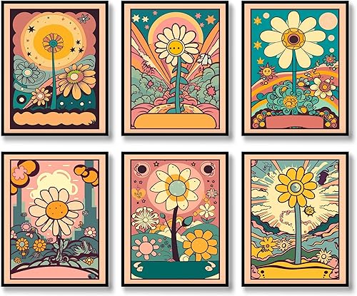 Juego de 6 impresiones de arte hippie para pared, diseño retro, lienzo de flores hippie de los años 60 y 70, pósteres vintage, abstracto,