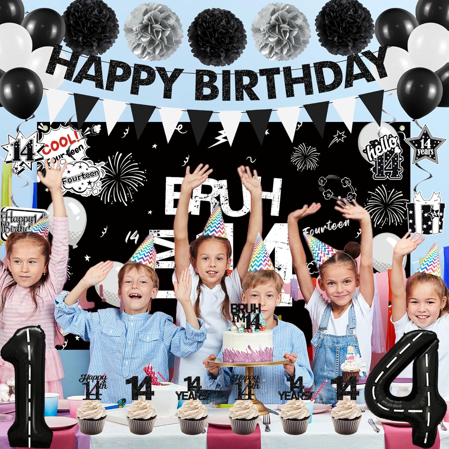 Holkcog Black 14th Birthday Decorations, Happy 14th Birthday Party Decorations Supplies for Boy Girl, Bro I'm 14, Funny 14th Party Supply, Black Glitter Banner, Background, 14 Number Ballons, Fourteen
