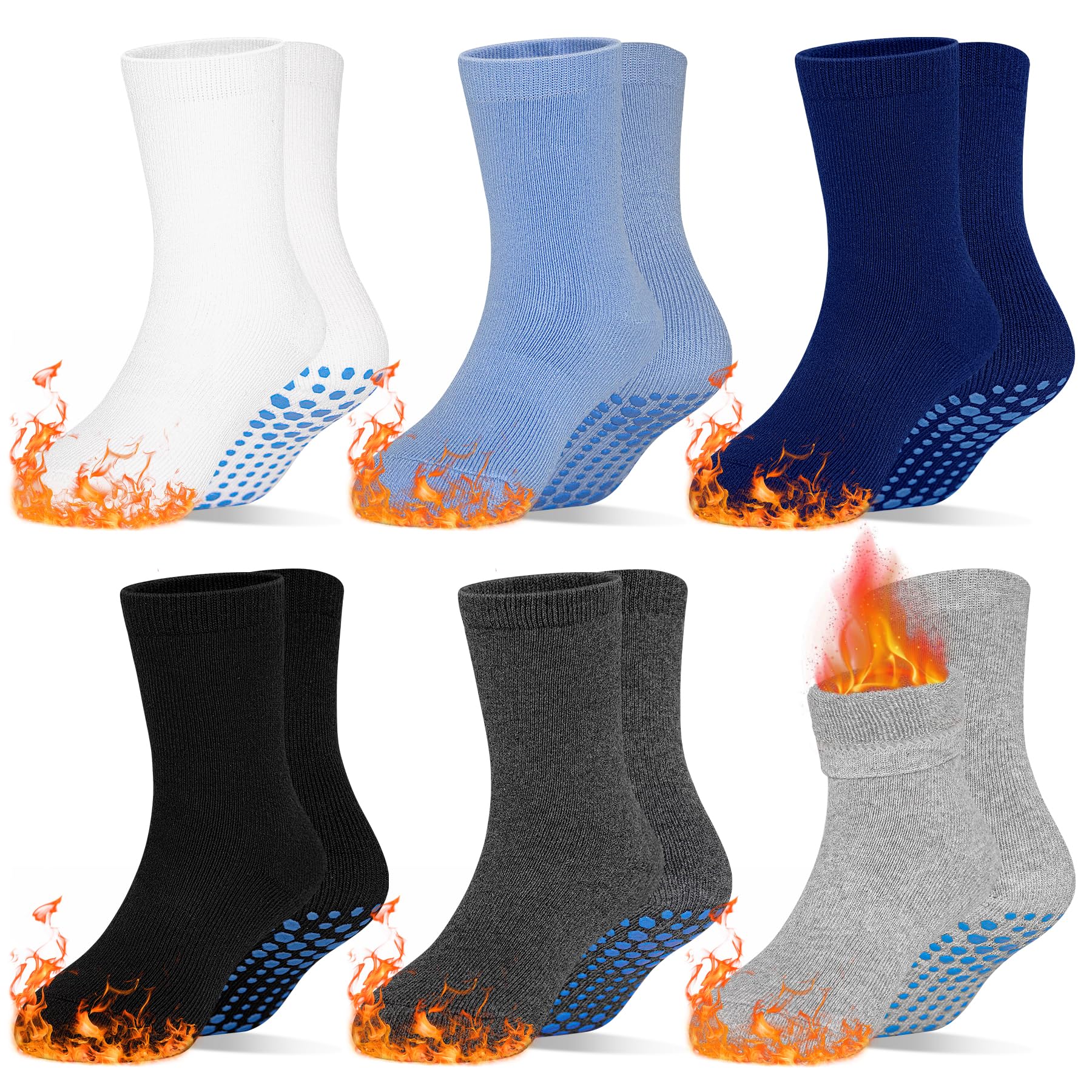 SkiBeaut Toddlers Non Slip Socks 6 Pairs Mid Calf Thickened Padded Anti Skid Kid Child Warm Winter Toddler Socks Boys Girls 5-7 Years