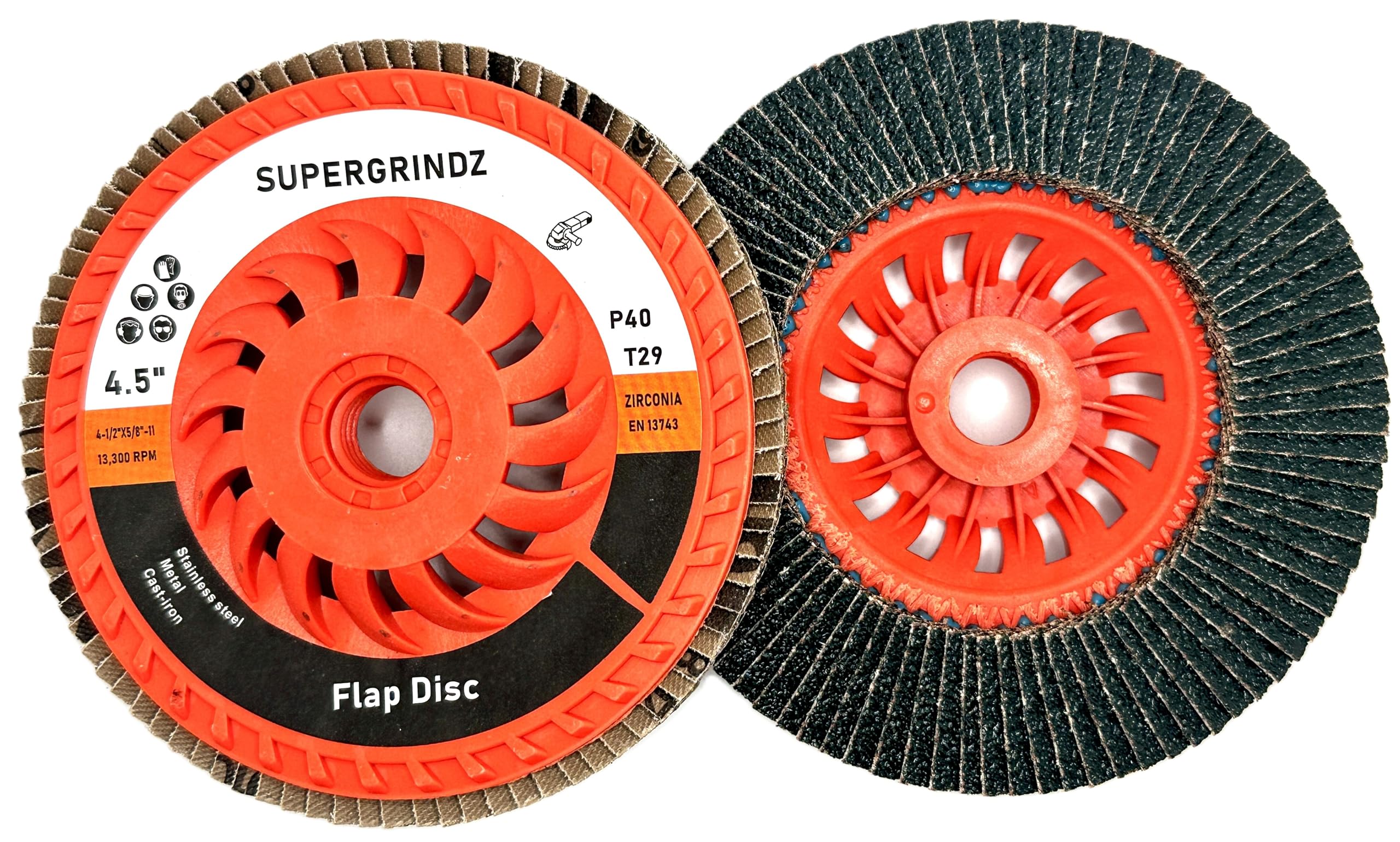 SuperGrindz Fächerscheiben für 11,4 cm und 12,7 cm Schleifer, Körnung 40, Körnung 29, hochdichter Zirkonia, zuschneidbar, für 11,4 cm und 12,7 cm Schleifer, 1,6 cm (5/8 Zoll) 11 Schnellwechselnabe,