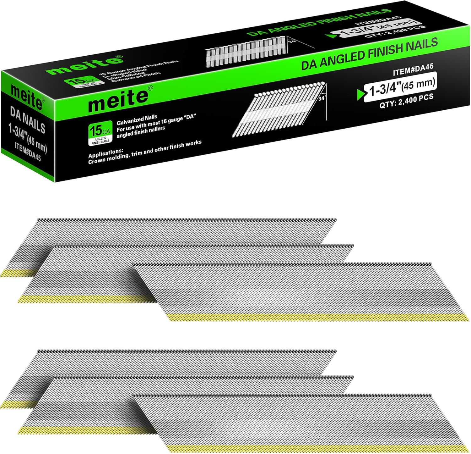 meite 15 Gauge Angled Finish Nails 1-3/4 Inch 34 Degree Nails for Pneumatic Electric Finish Nailer Gun, Galvanized No-Rust Finishing Nail for Cabinet Crown Baseboard Door Trim, DA Series 2,400 PCS