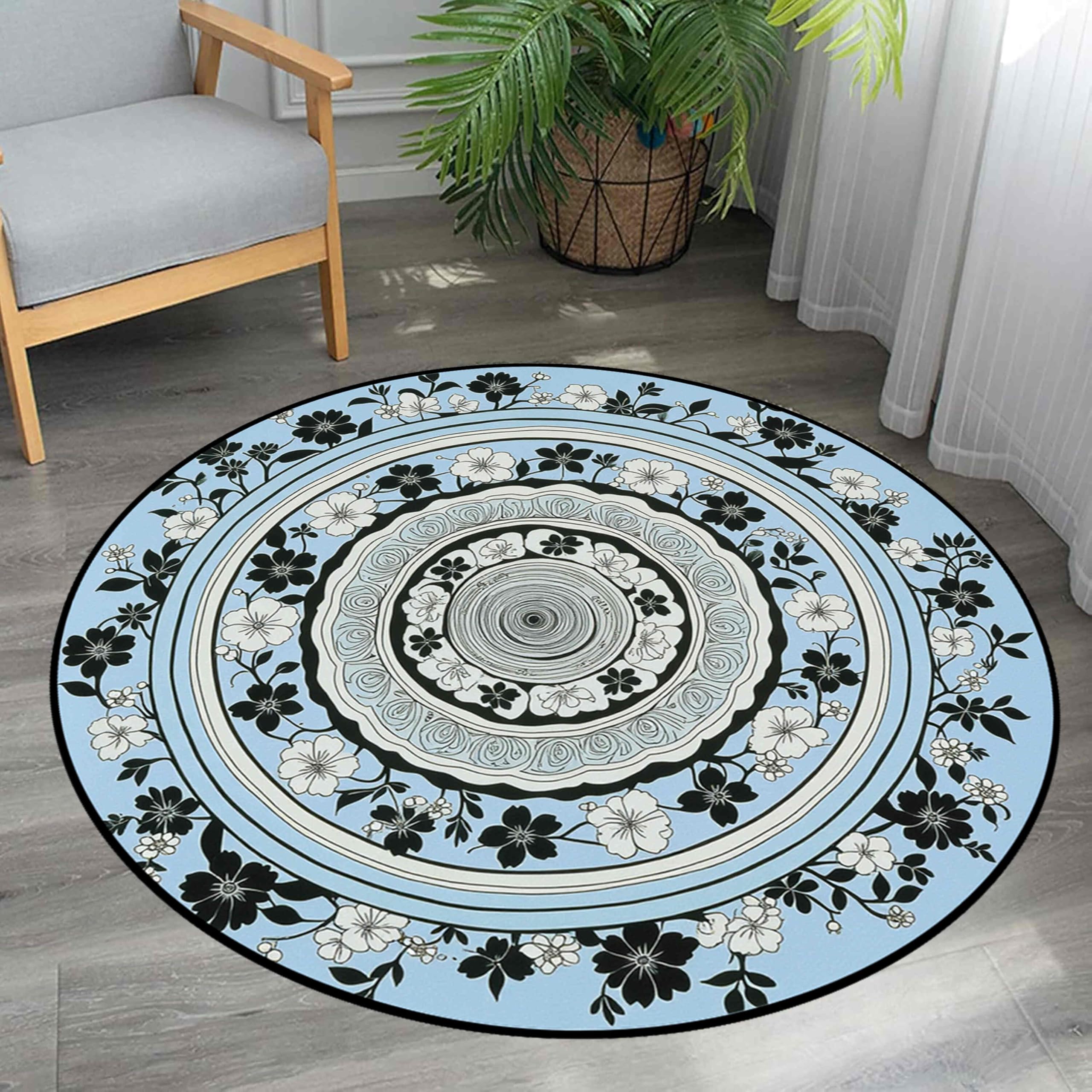 YHUERC Blue Round Area Rug, 90cm Black White Floral Carpet, Bohemian Style Rug, Soft Washable Printed Mat, Indoor Round Anti-Slip Carpet, for Home Office Kitchen Bedroom Kids Room Decor.
