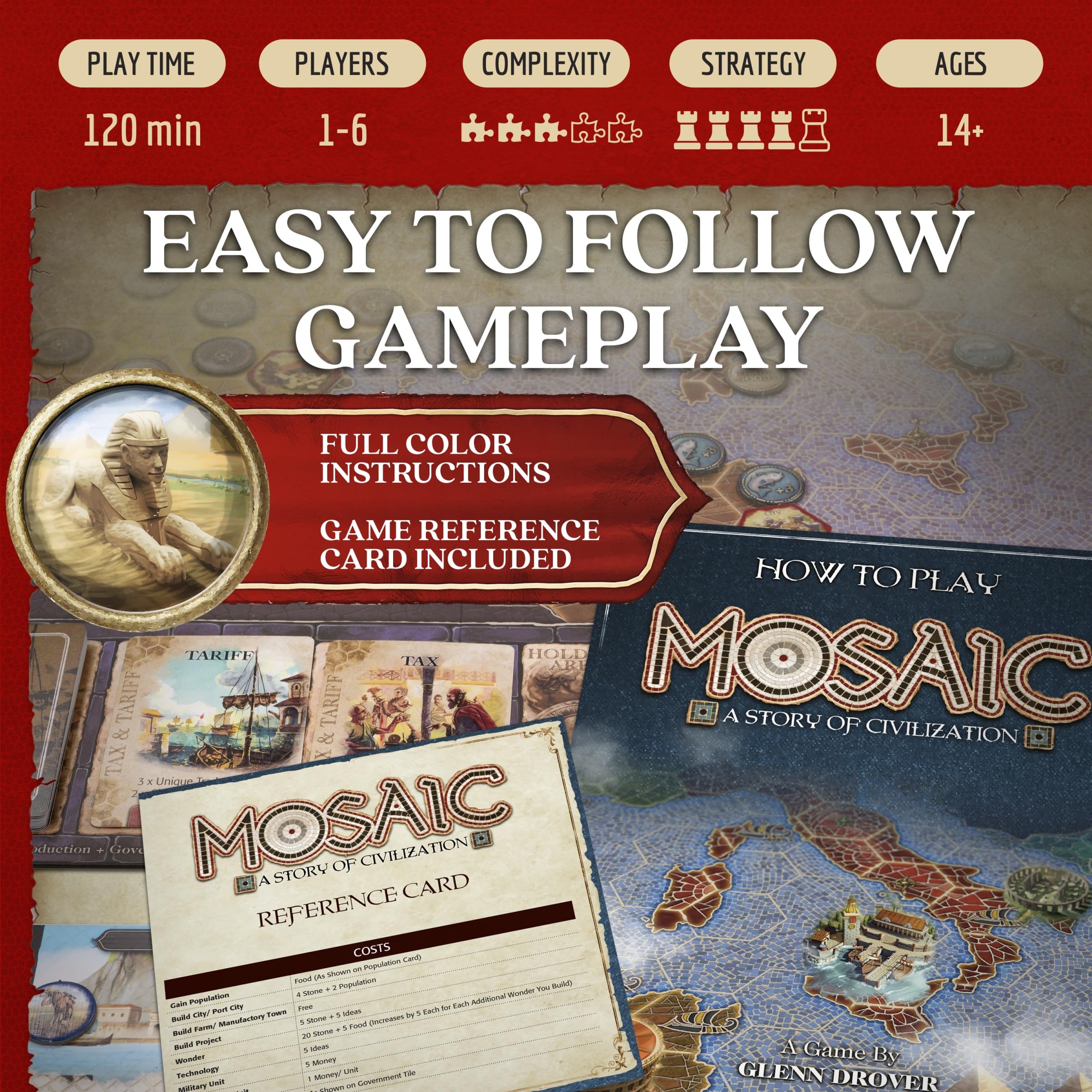 Mosaic: A Story of Civilization - strategiczna gra planszowa dla dorosłych i rodziny, szybka, zabawna, wybór akcji i kontrola obszaru, 2-6 graczy | od 14 lat i więcej | 120 minut | od Forbidden Games