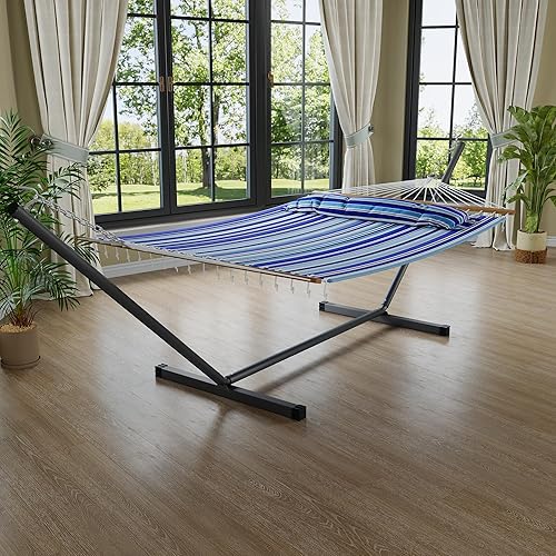 Miniatura 3 de GarveeLife Hamaca de 57 pulgadas para 2 personas, hamaca de algodón de diseño ampliado con bolsa de transporte y soporte de metal, construcción
