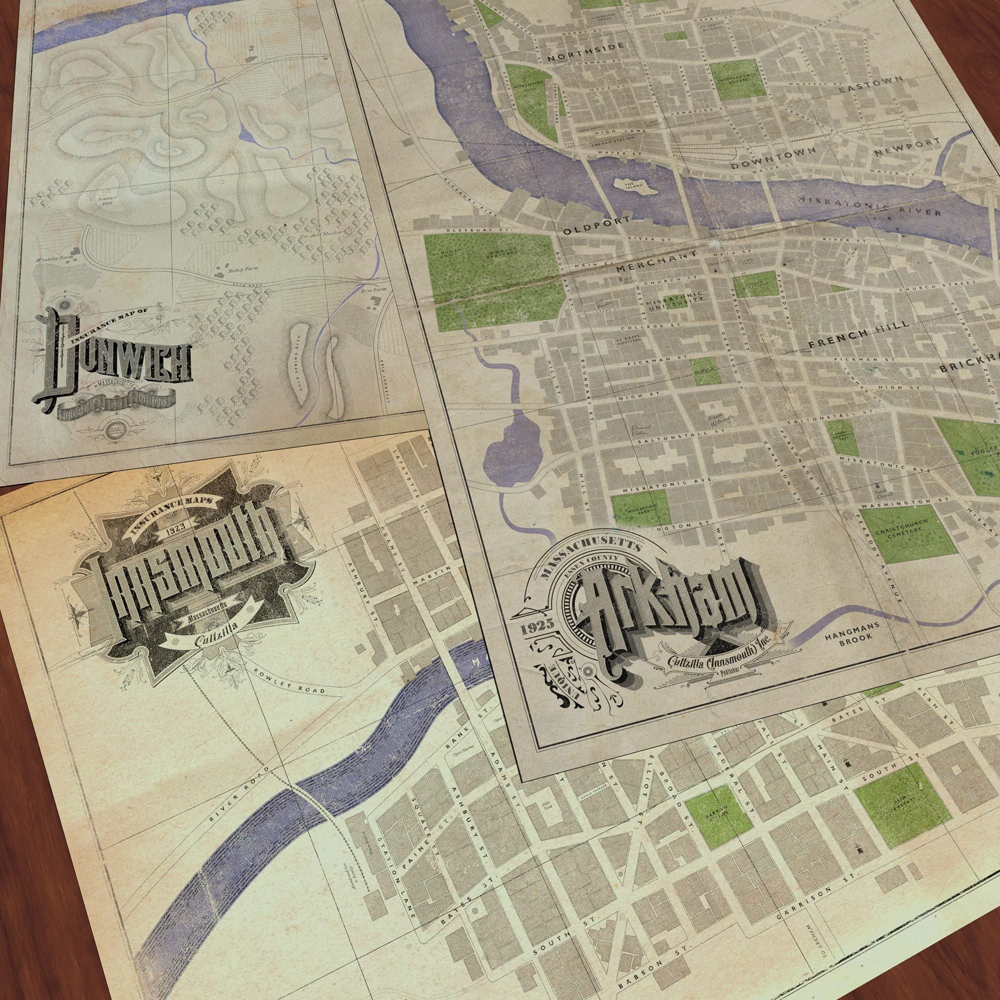 A3 Cthulhu-Karten-Set – Arkham, Dunwich und Innsmouth.