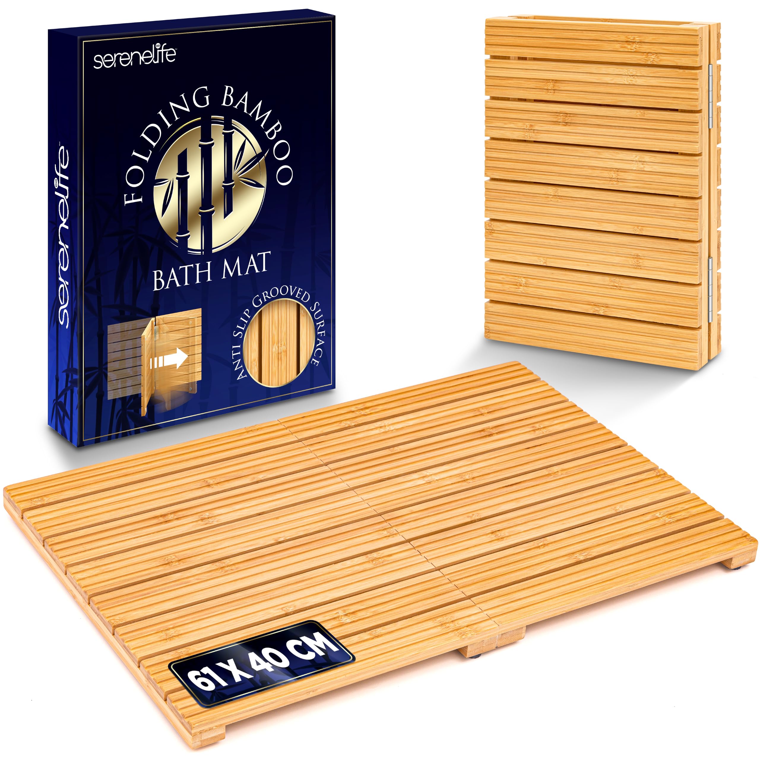 SereneLife Bamboo Shower Bath Mat, Foldable Non-Slip Wooden Floor Mat for Bathroom, Sauna, Spa, Outdoors -Large Board up to 140kg, Easy Storage,40x60x3cm - Natural, Brown