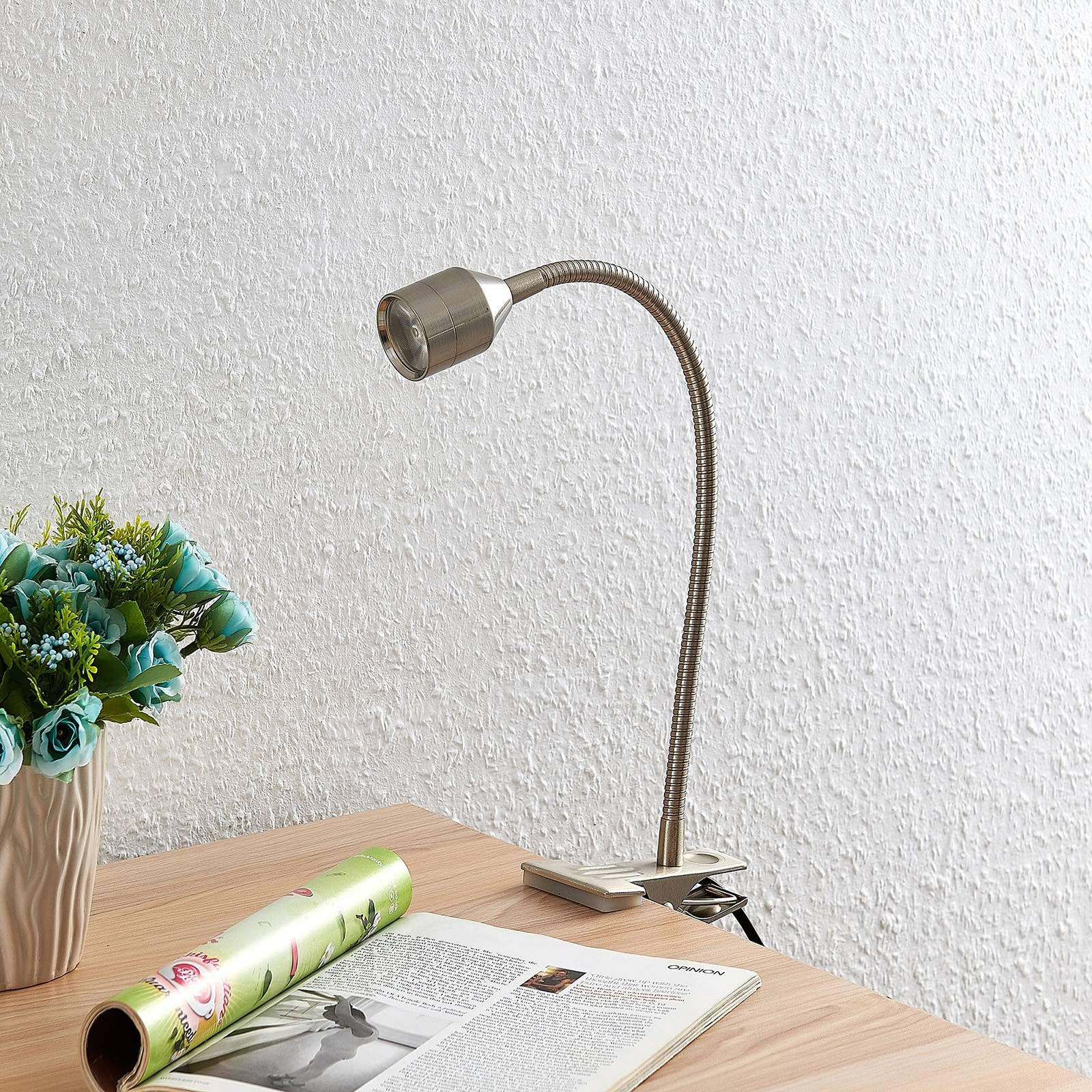 Lindby Bombillas LED lámpara de pinza en níquel satinado, luz lectura | moderno, 3000 k blanco cálido, con pinza para oficina, espacio de trabajo, dormitorio