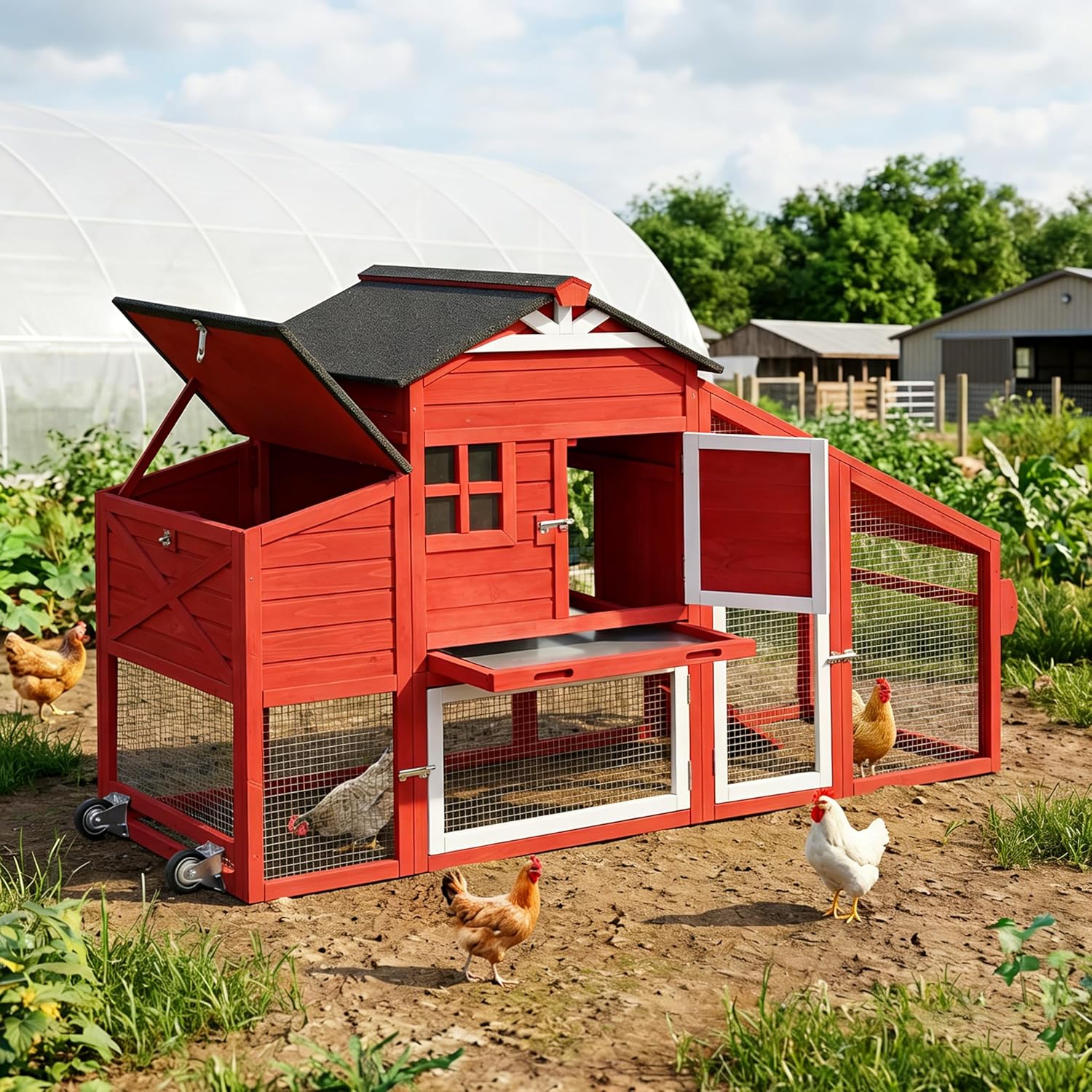 GUTINNEEN Chicken Coop with Wheels for 2-4 Chickens, Large Wooden Outdoor Hen House with Run, Waterproof & UV-Resistant Roof, Removable Leakproof Tray and Divided Nesting Box– Red