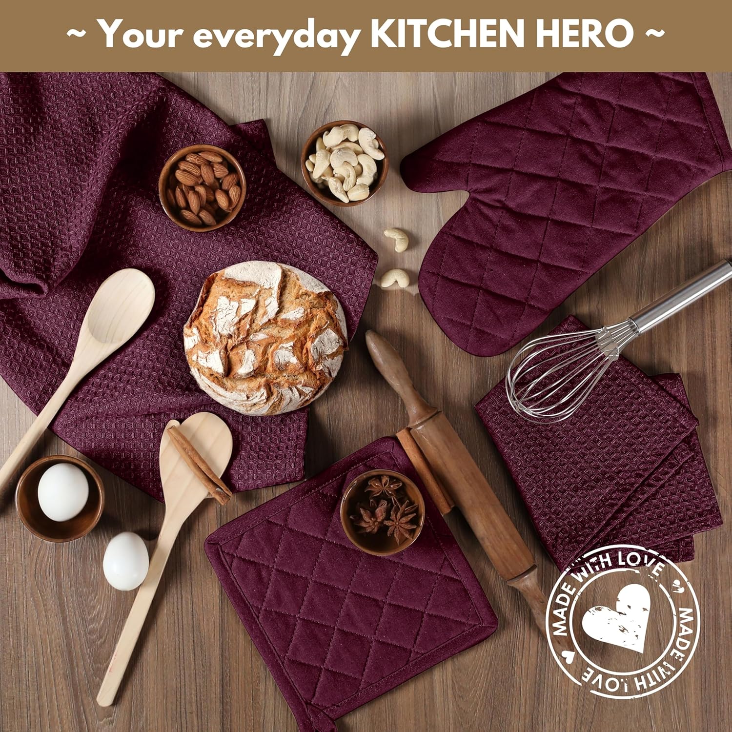 Native Fab 10-Piece Kitchen Set – Features Oven Mitts, Potholders, Kitchen Towels & Dishcloths, Heat Resistant, Durable Cotton, Perfect for Cooking, Baking, and Everyday Kitchen Tasks - Burgundy Wine