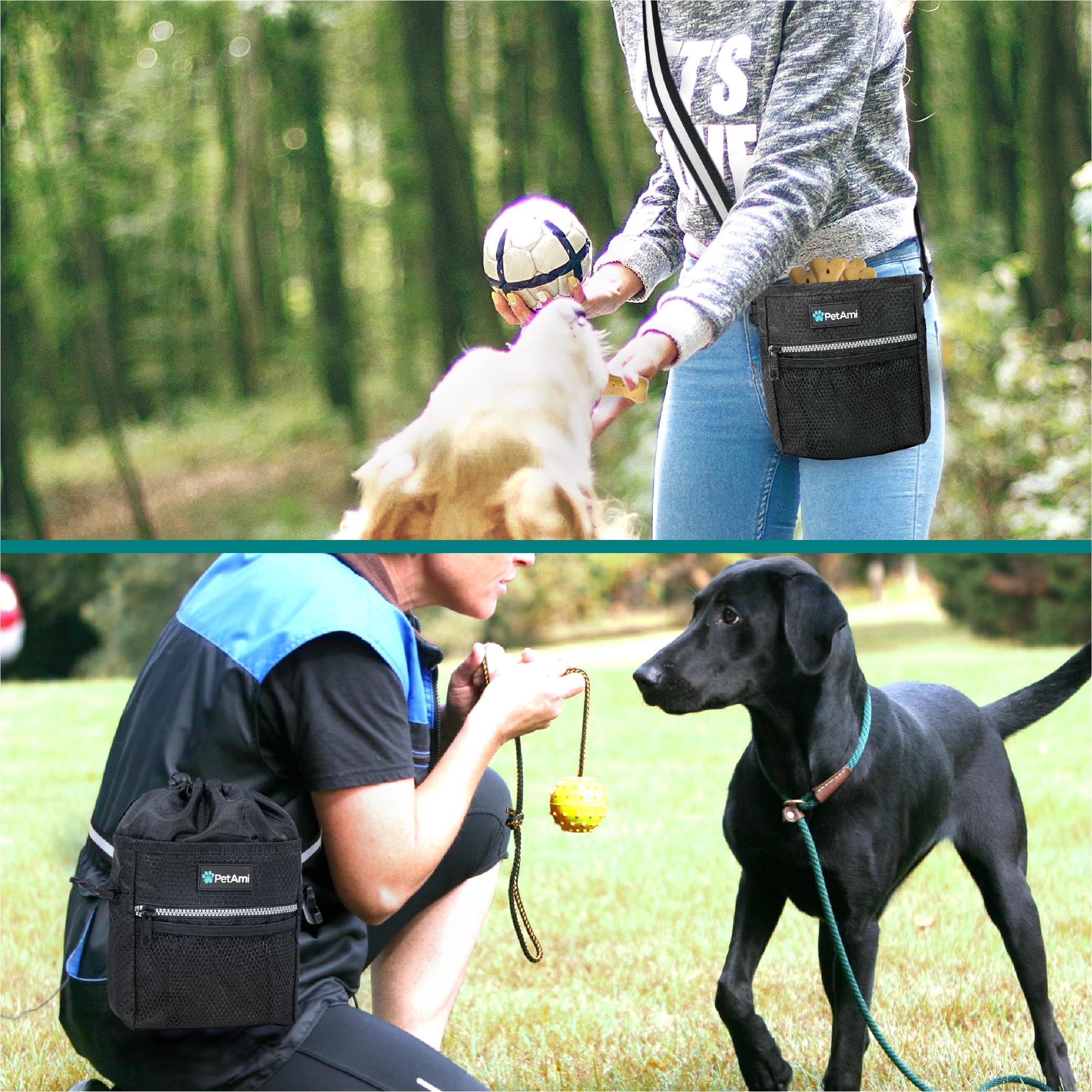 PetAmi Leckerli-Beutel für Hunde, Leckerli-Tasche für Training, Hunde-Spazierengehen-Beutel-Halter für Trockenfutter, Haustierfutter-Spielzeug, Hundetrainer-Essentials-Zubehör, Kotbeutelspender, 3