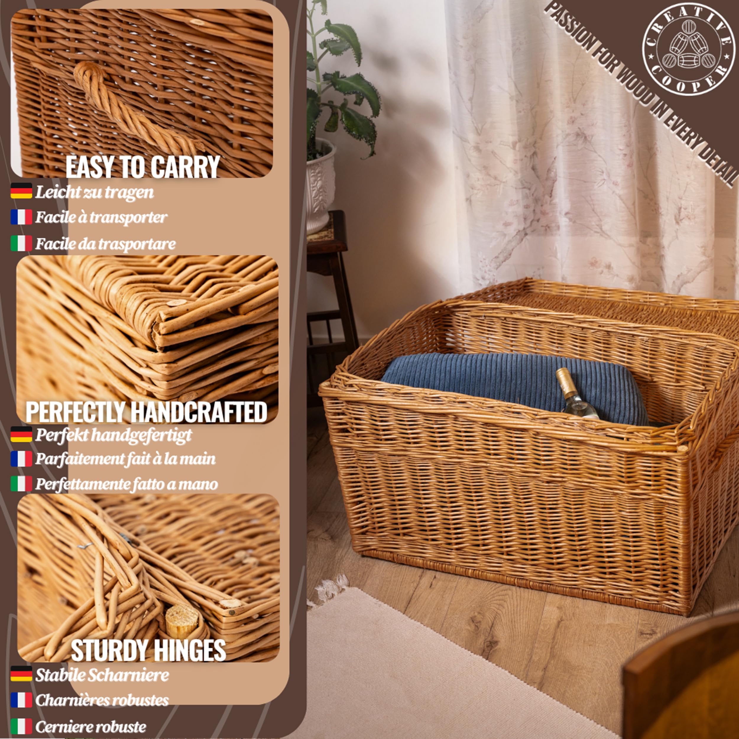 Creative Cooper Handgefertigter Wäsche- & Aufbewahrungskorb aus Weide – Großes Geflochtenes Wicker-Korb 180 L – Deckel, Rustikal, Naturholz, Braun