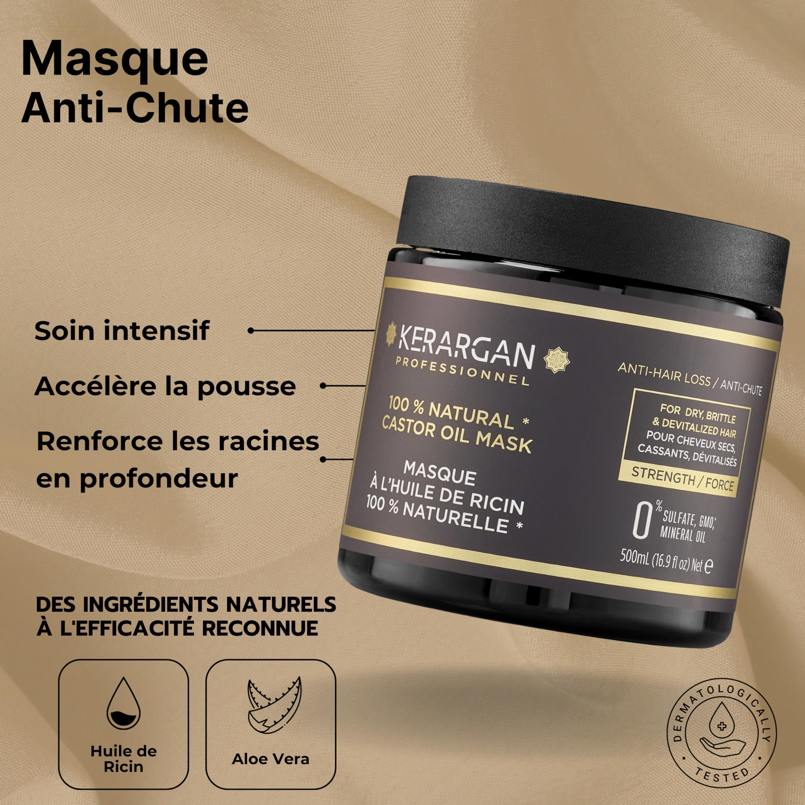 Kerargan - Duo Anti-Chute Shampoing & Masque à l’Huile de Ricin pour Cheveux Secs, Fragilisés, Dévitalisés - Booste la Croissance - Sans Sulfate, Silicone, OGM - 2x500 ml