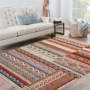 GarveeHome Vintage Geometric Christmas Rug for Living Room 5x7 Machine Washable Throw Rug, Non-Slip Low-Pile Indoor Tribal Carpet, Indoor Foldable Floor Cover for Bedroom Office Under Table,Beige