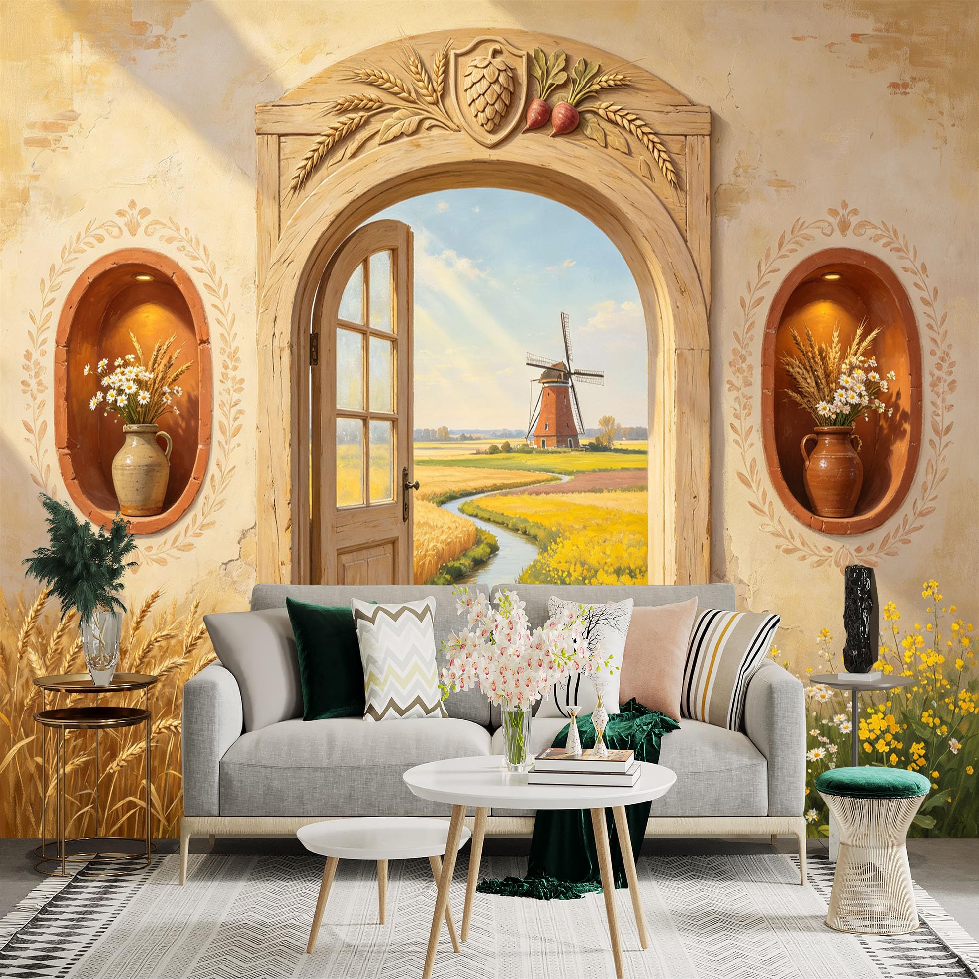Custom Size Wall Sticker Mural， Rustic Windmill Meadow， Countryside River View， Floral Farmhouse Archway， for wall Decoration， peelandstick wall Decals.