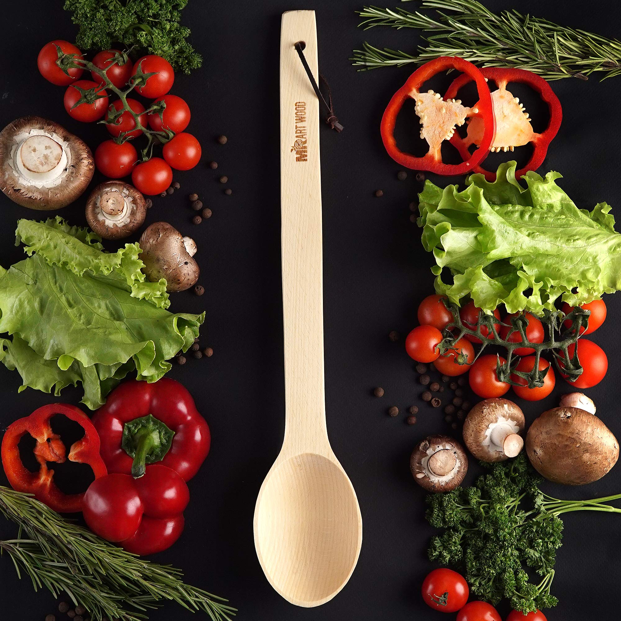 Cuchara de madera grande – Cuchara de cocina hecha a mano resistente de 17 pulgadas de largo con una cuchara y lazo de cuero resistente al calor, cuchara grande para agitar, mezclar