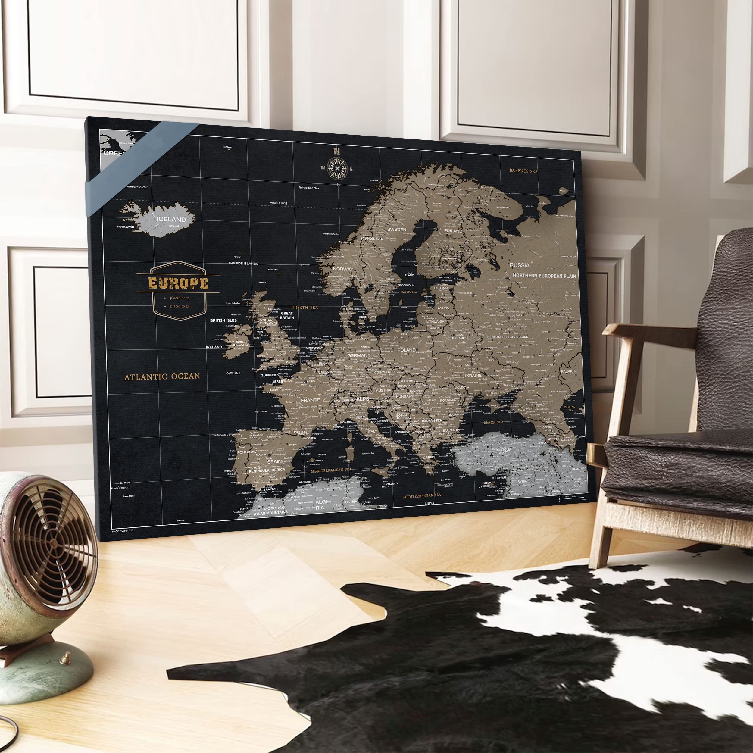 Płócienna mapa Europy z korkiem do przypinania celów podróżnych, dekoracja ścienna do każdego pomieszczenia, wysokiej jakości obrazy na płótnie z mapą Europy, w różnych rozmiarach (55 x 40 cm, wzór 7)