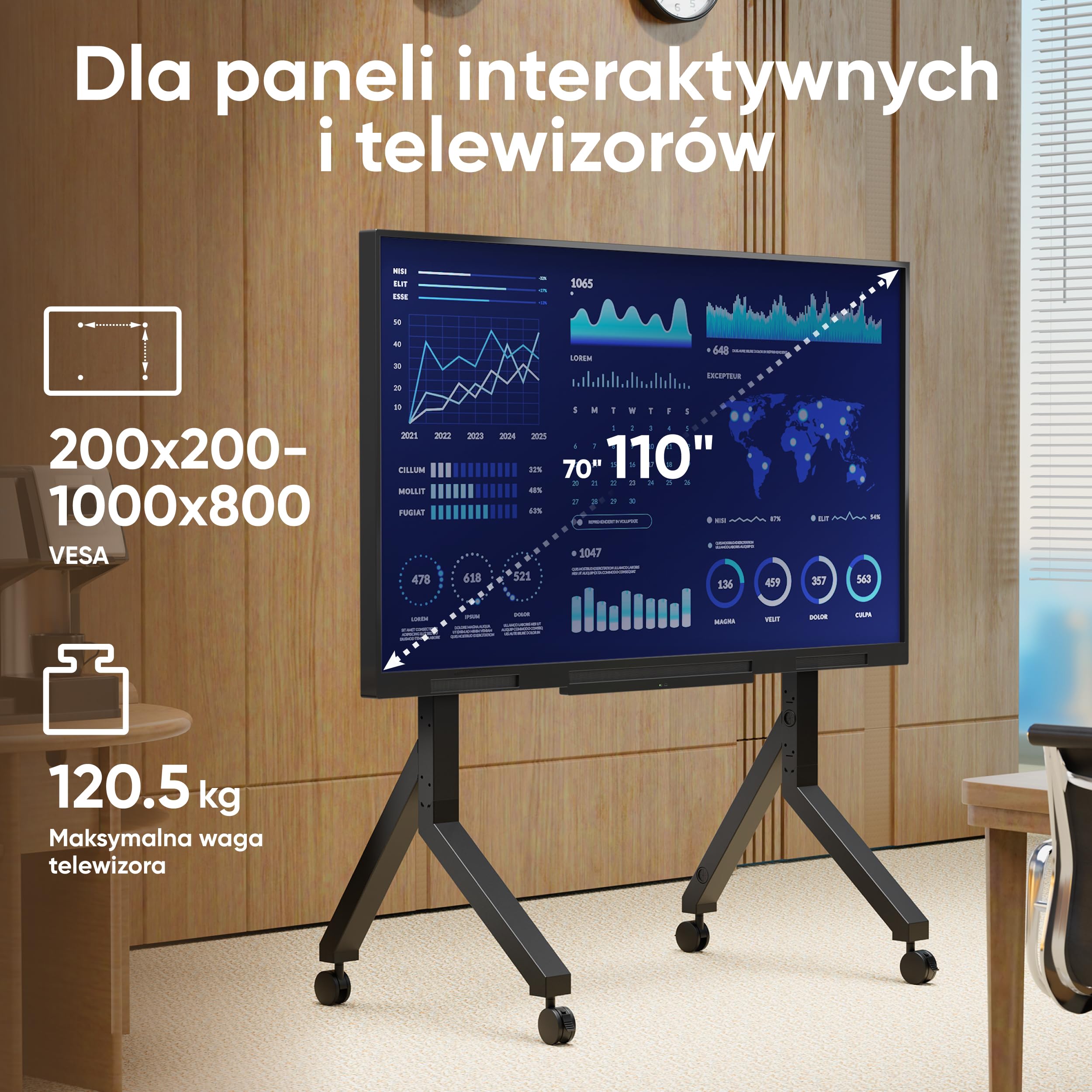 ONKRON Mobilny Stojak TV 70-110 Cali, maks. Nośność 125 kg, Wózek pod Telewizor na Kółkach, VESA 200x200-1000x800 do Dużych Ekranów, Szeroka Podstawa, Półka AV, Czarny TS2081-B