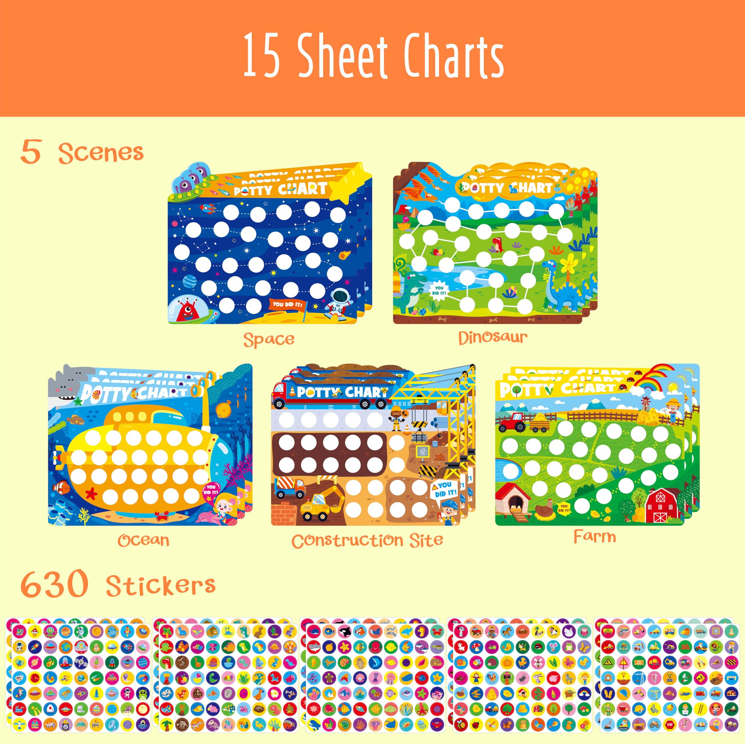 Potty Training Sticker Chart for Kids, 15 Incentive Potty Charts & 630 ...