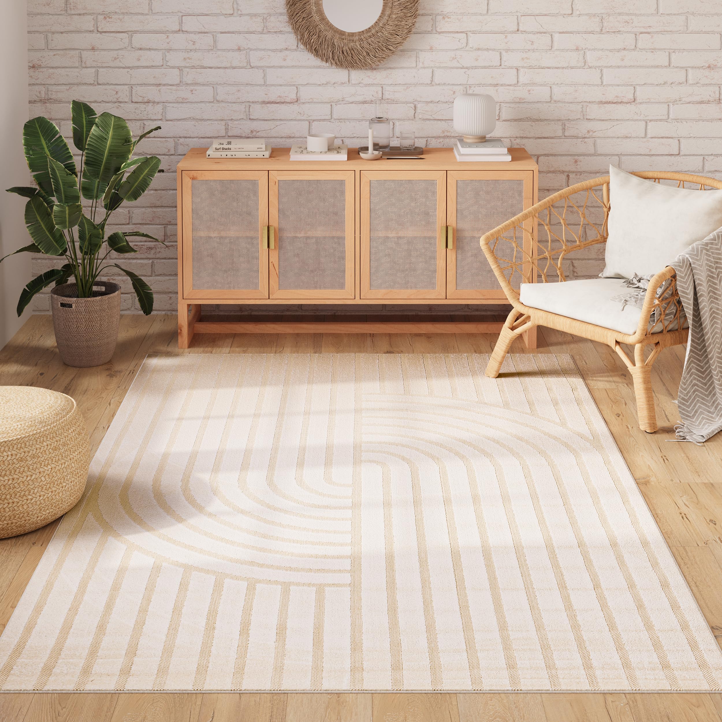 TAPISO Patio Tapis Extérieur Intérieur Terrasse Balcon Jardin d'hiver Cuisine Salon Moderne Crème Géométrique Aspect 3D Résistant aux Intempéries Oeko-TEX 160 x 220 cm