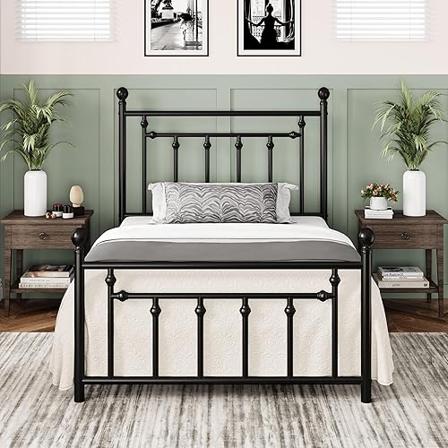 Allewie Marco de Cama de Plataforma de Metal Tamaño Twin de 14 Pulgadas con Cabecero y Piecero Vintage Victoriano/Base de Colchón/Almacenamiento