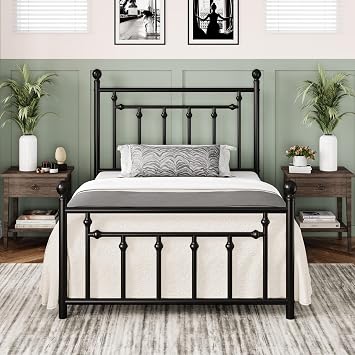 Allewie 14 Twin Size Metal Platform Bed Frame, Vintage Headboard, Black