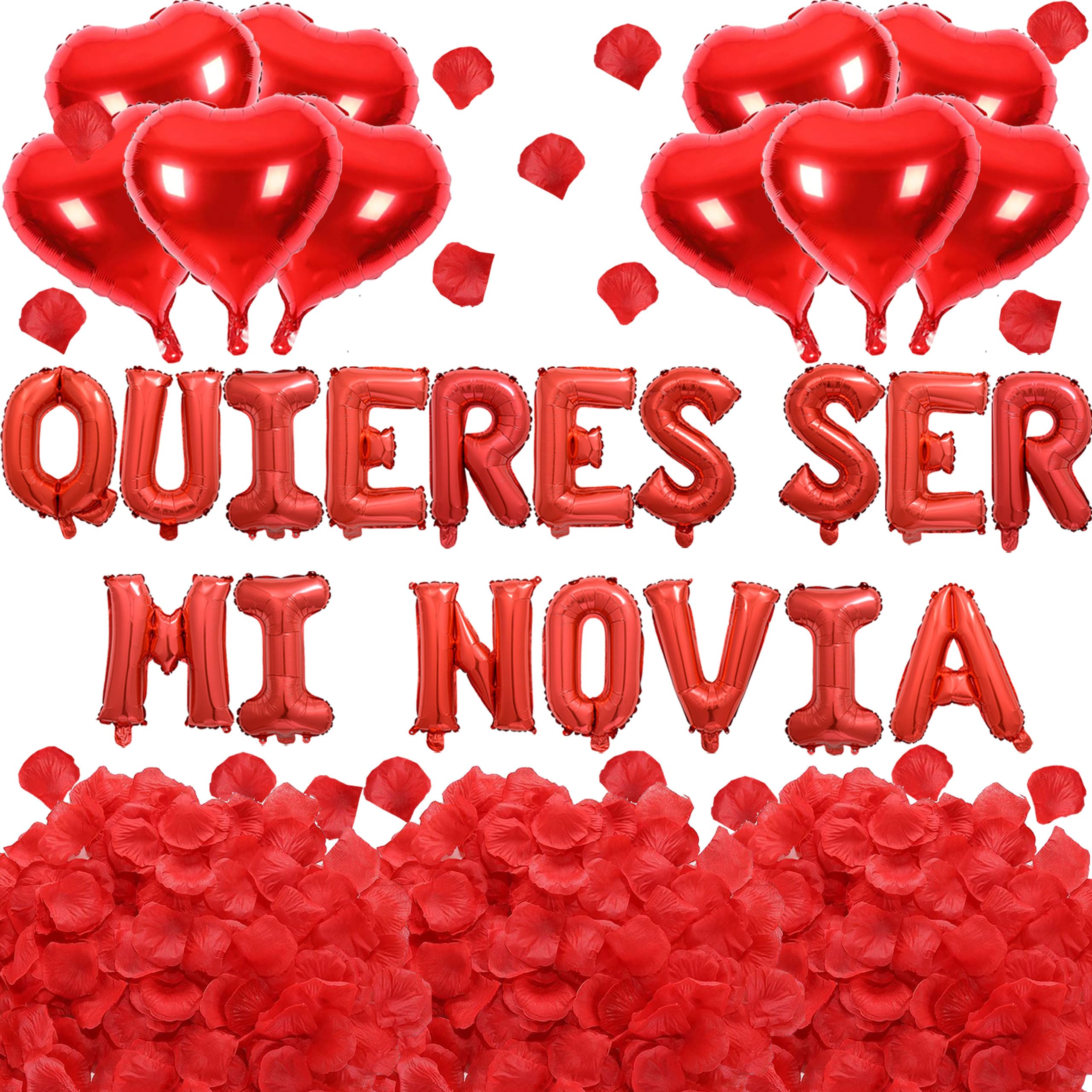 Photo 1 of 2 Set Red QUIERES SER MI NOVIA Balloons - 1200pcs Red Artificial Rose Petals 34pcs 16" Letter Balloon 10pcs 18" Heart Balloons Alphabet Foil Mylar Balloon for Valentines Day Decorations