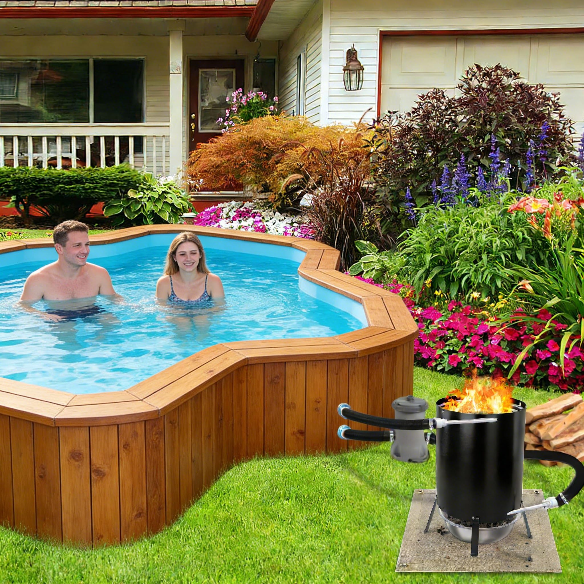 Barril de fuego con espiral de calefacción, diámetro de 32 mm/diámetro de 38 mm, estera ignífuga y bandeja colectora, color negro, ducha de jardín, calefacción, piscina, calentador de piscina